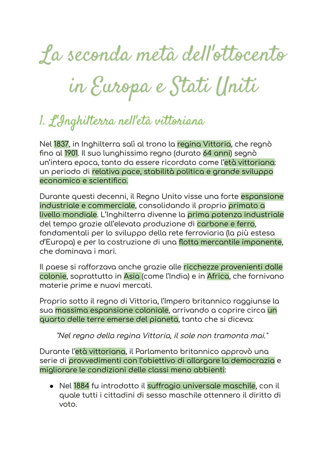 La seconda metà dell'ottocento
in Europa e Stati Uniti
1. L'Inghilterra nell'età vittoriana
Nel 1837, in Inghilterra sali al trono la regina