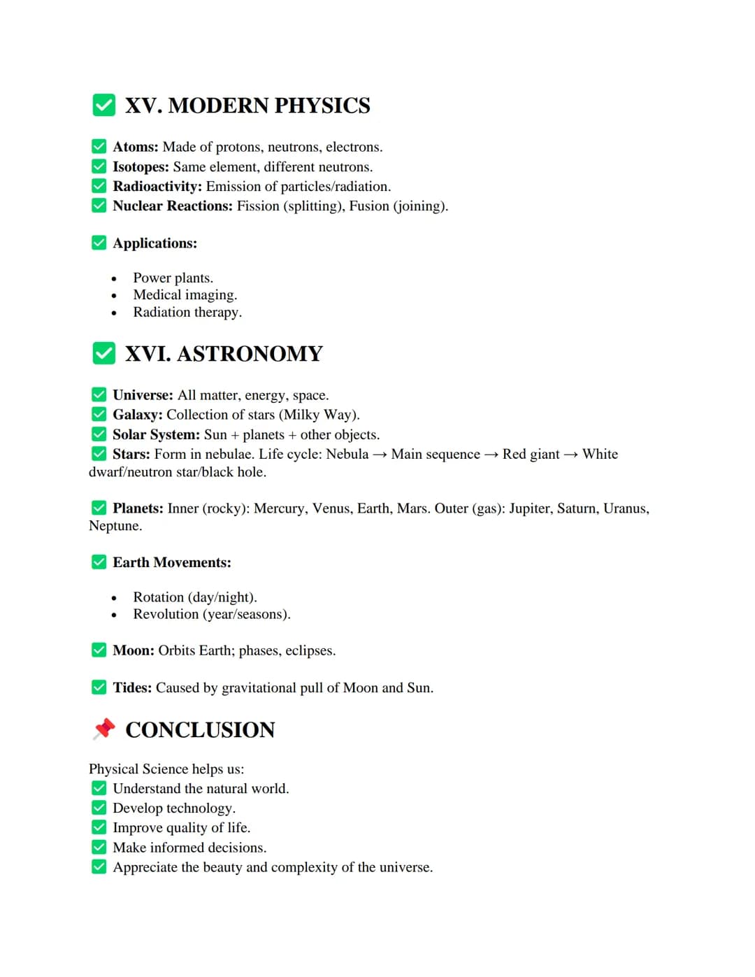 PHYSICAL SCIENCE NOTES
I. INTRODUCTION TO PHYSICAL SCIENCE
Definition:
Physical Science is the study of non-living systems, covering the fun