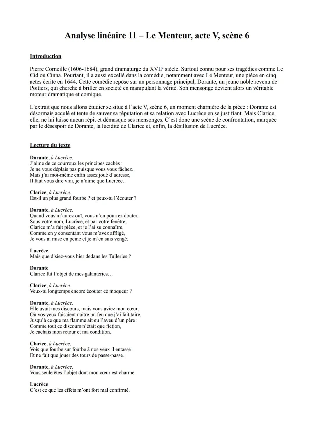 Introduction
Analyse linéaire 11 - Le Menteur, acte V, scène 6
Pierre Corneille (1606-1684), grand dramaturge du XVIIe siècle. Surtout connu