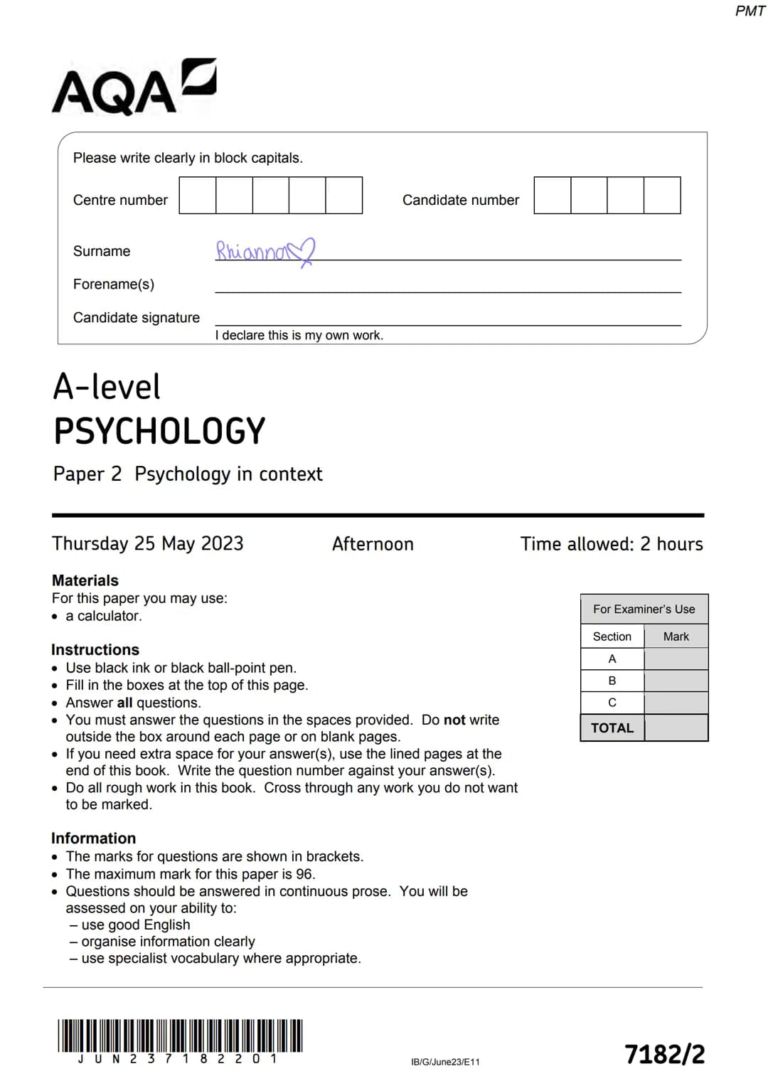 AQA
Please write clearly in block capitals.
Centre number
Surname
Forename(s)
Candidate signature
Rhianna
I declare this is my own work.
A-l