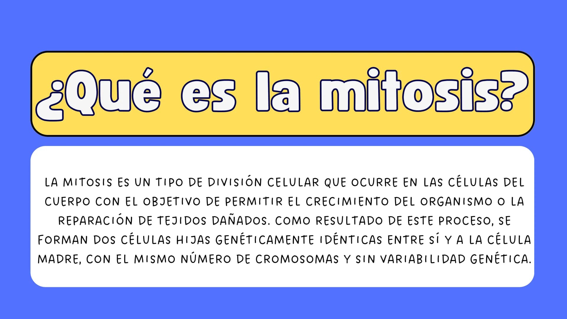 # MITOSIS ¿Qué es la mitosis?
LA MITOSIS ES UN TIPO DE DIVISIÓN CELULAR QUE OCURRE EN LAS CÉLULAS DEL
CUERPO CON EL OBJETIVO DE PERMITIR EL