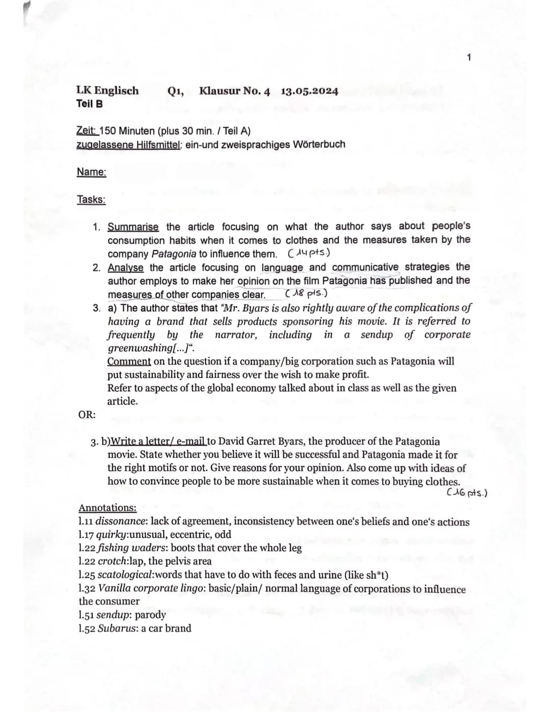 LK Englisch
Q1, Klausur No. 4 13.05.2024
1
Teil B
Zeit: 150 Minuten (plus 30 min. / Teil A)
zugelassene Hilfsmittel: ein-und zweisprachiges