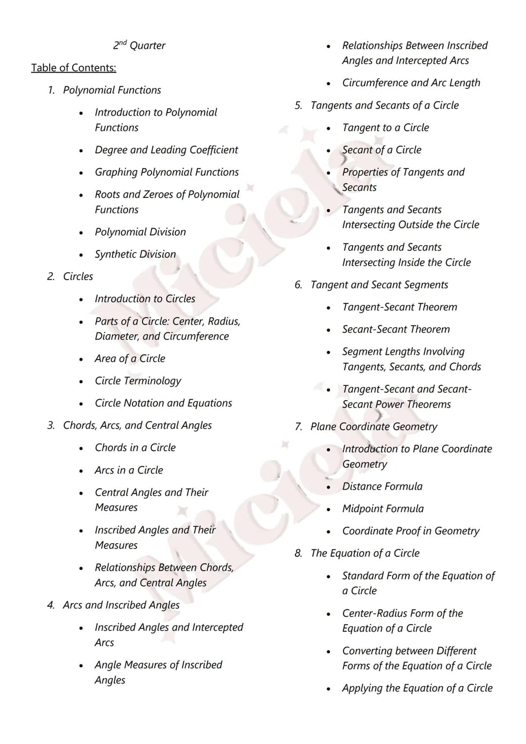 Miciela
ALL RIGHTS RESERVED MATH 10
Table of Contents:
1st Quarter
1. Sequences
Introduction to Sequences
Terms and Notation
Recursive and E