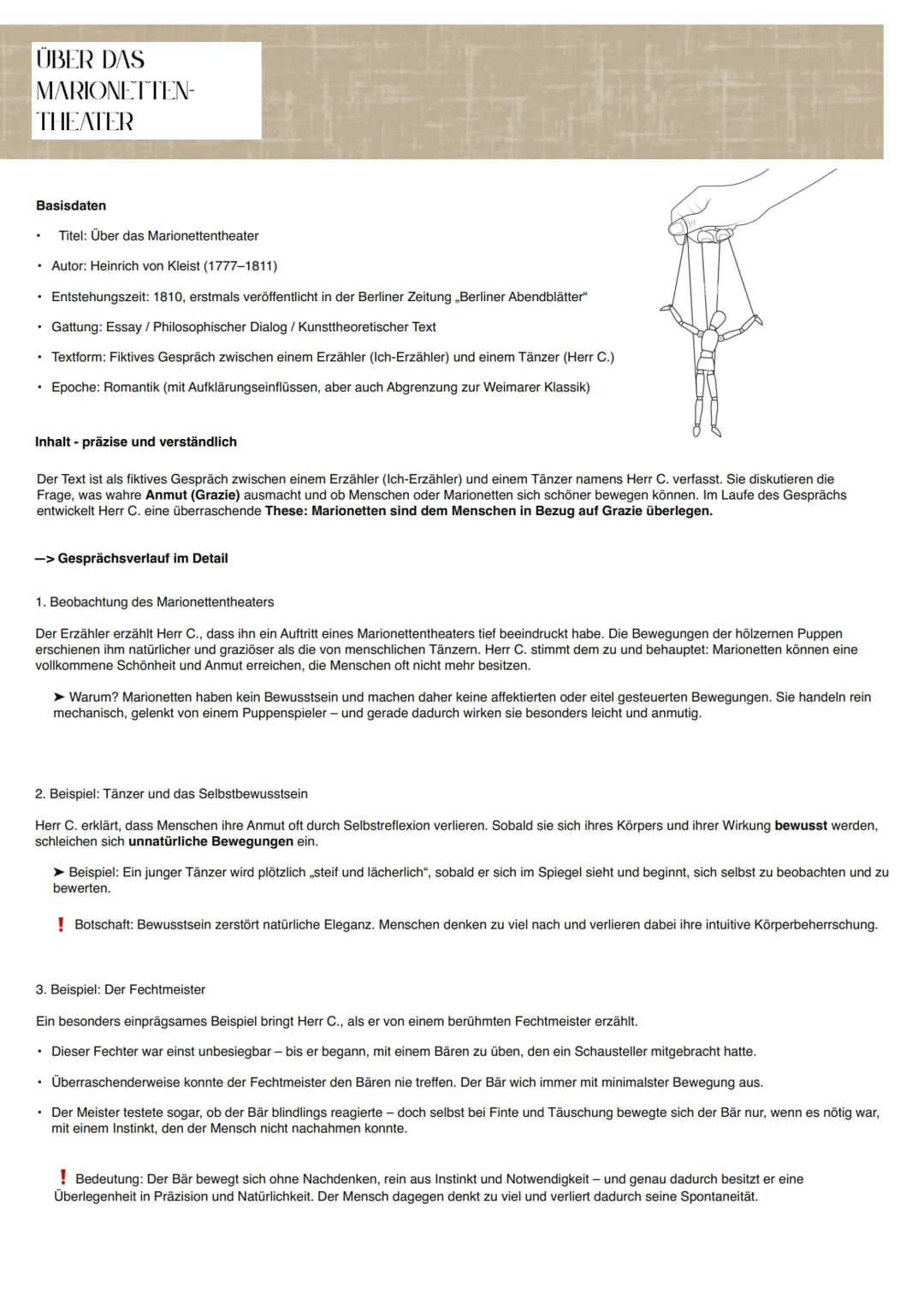 # ÜBER DAS MARIONETTEN-THEATER # ÜBER DAS
MARIONETTEN-
THEATER
Basisdaten
* Titel: Über das Marionettentheater
* Autor: Heinrich von Kleist