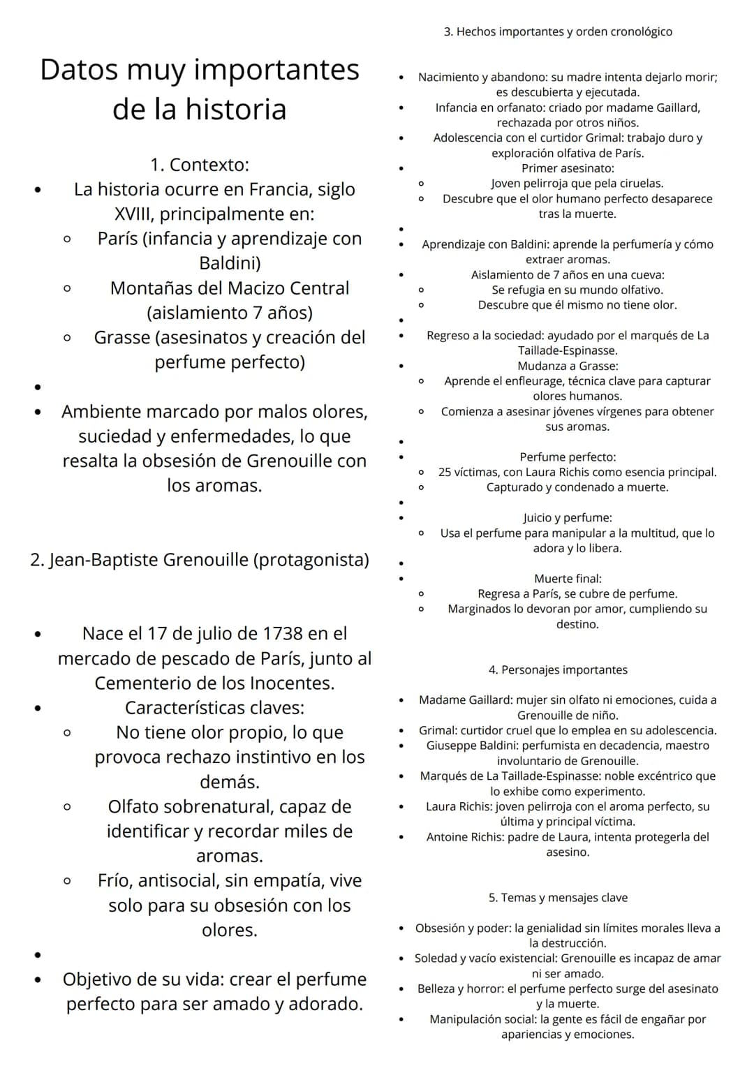 Resumen
Resumen ultra detallado de El perfume: Historia
de un asesino - Parte 1 (larga)
La novela comienza con una descripción minuciosa de