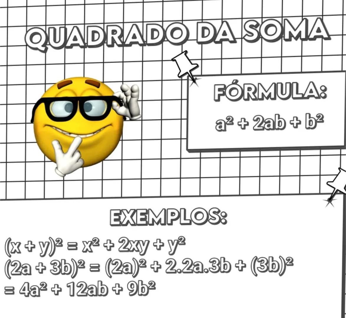 PRODUTOS NOTAVEIS
PRODUTOS NOTÁVEIS SÃO FÓRMULAS
ALGÉBRICAS PRONTAS QUE FACILITAM
O CÁLCULO DE EXPRESSÕES. QUADRADO DA SOMA
FÓRMULA:
a² + 2
