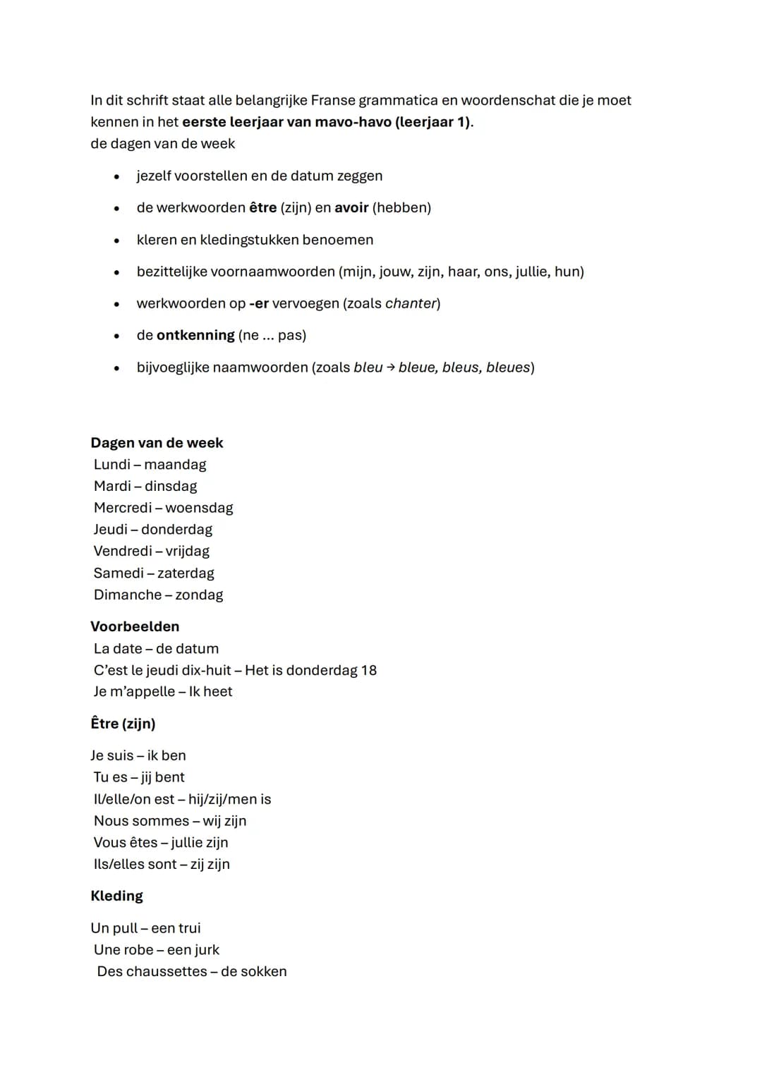 In dit schrift staat alle belangrijke Franse grammatica en woordenschat die je moet
kennen in het eerste leerjaar van mavo-havo (leerjaar 1)
