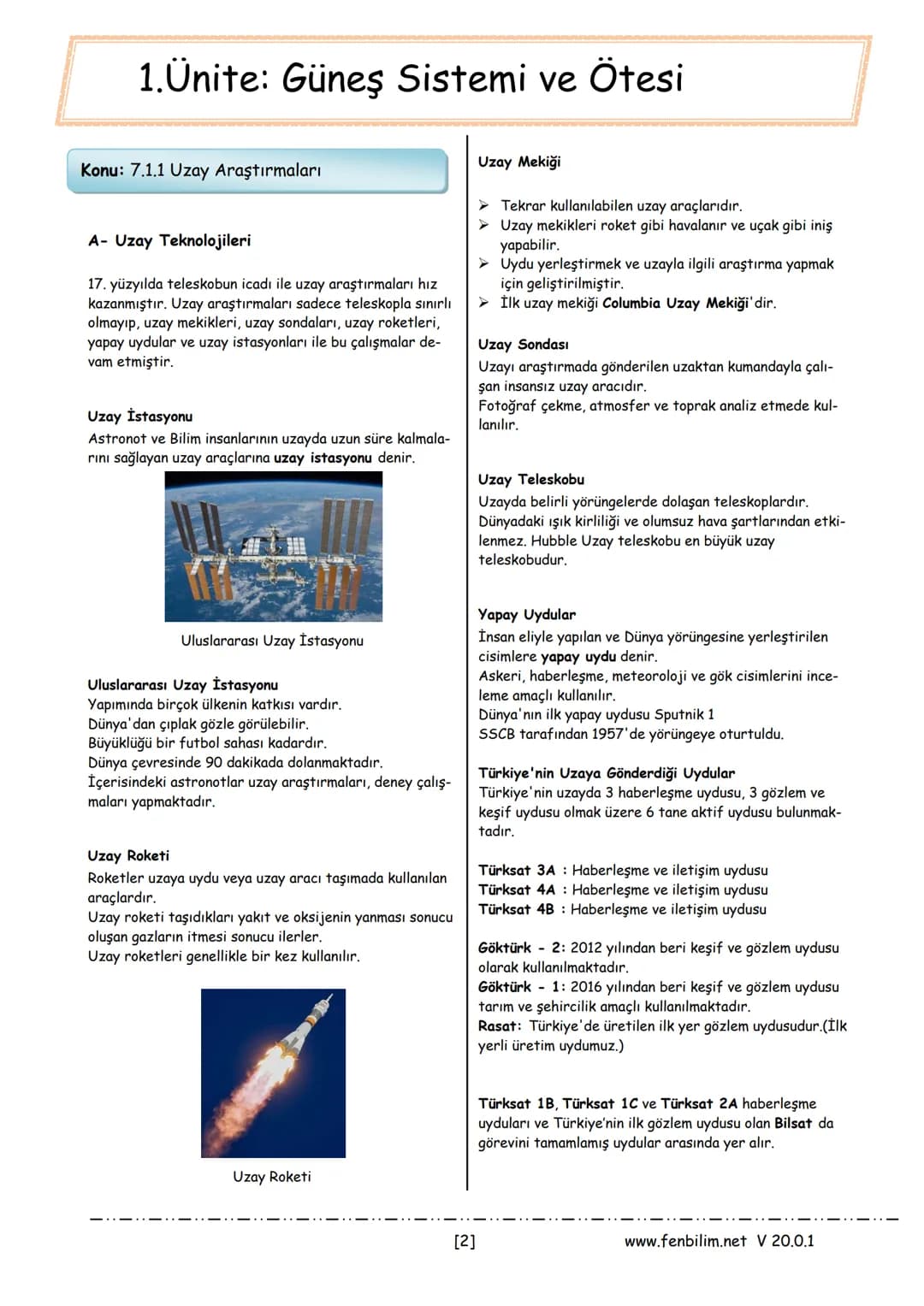 ## 7.Sınıf Fen Bilimleri Ders Notları
Barış ZEREN
Fen Bilimleri Öğretmeni
www.fenbilim.net V 20.0.1 1.Ünite: Güneş Sistemi ve Ötesi
Konu: