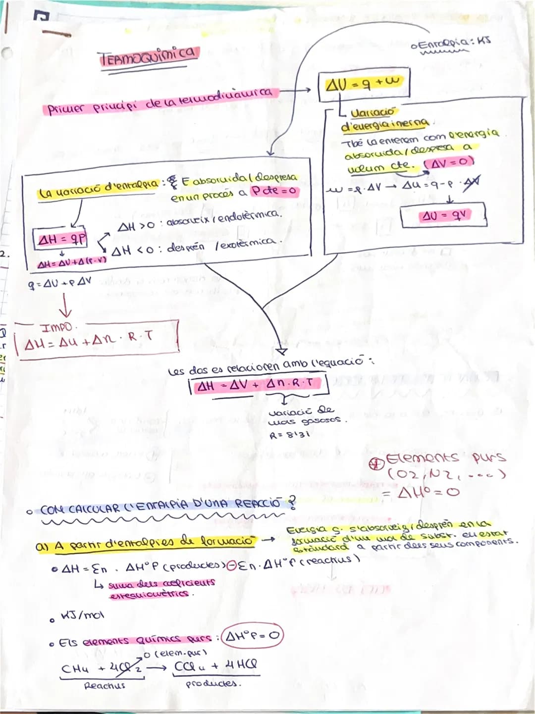 ```
r
a
TERMOQuimica
Primer principi de la termodinamica
La variació d'entalpia: Eabsoruida (despresa
en un proces a Pote=0
ΔΗ = qP
2.
ΔΗ>0: