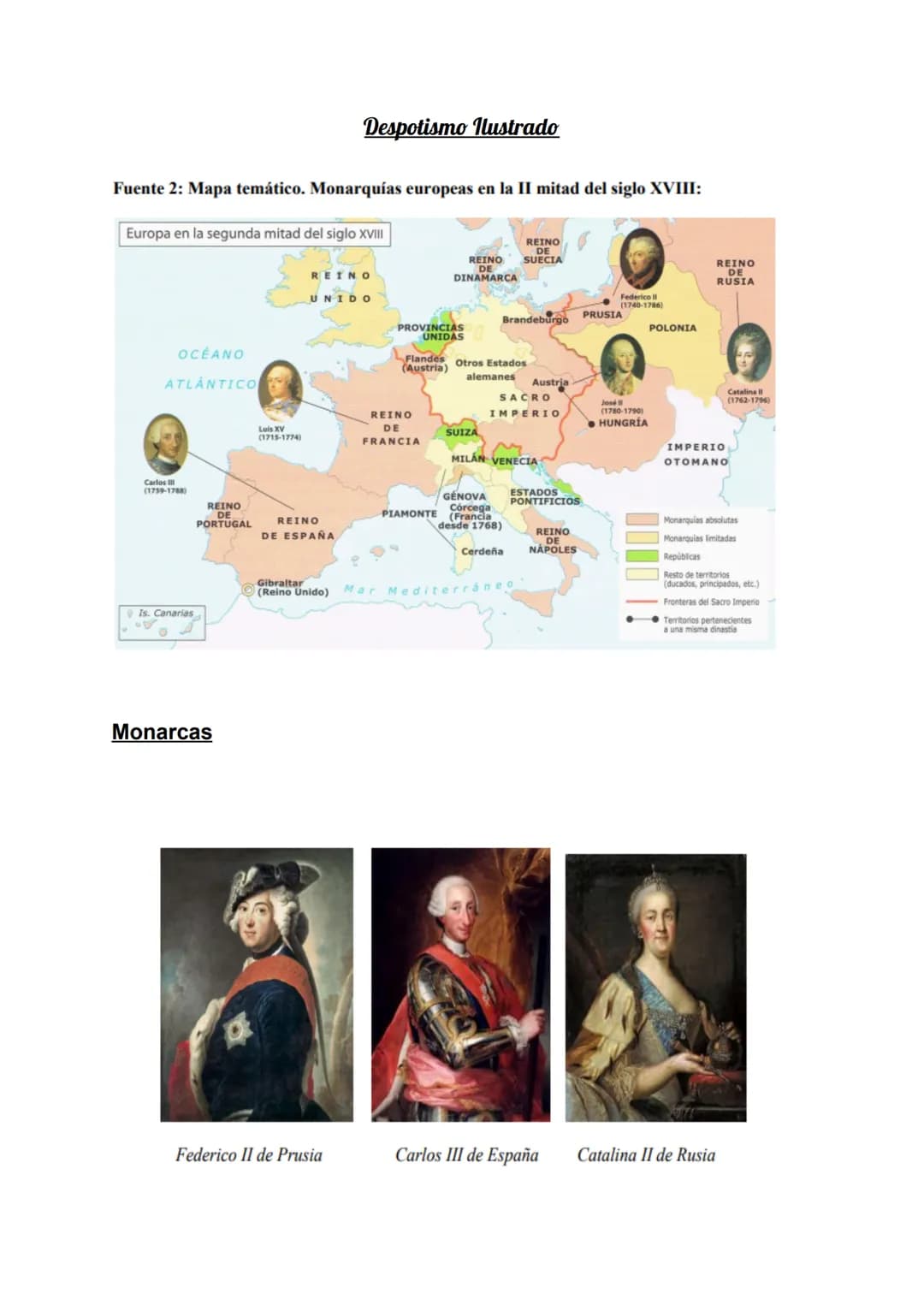 Despotismo Ilustrado
Fuente 2: Mapa temático. Monarquías europeas en la II mitad del siglo XVIII:
Europa en la segunda mitad del siglo XVIII