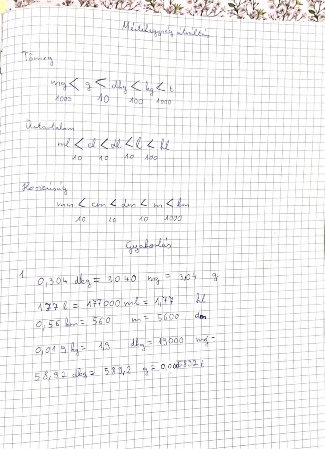 # Mértékegység átváltás
## Tömeg
$mg < g < dkg < kg < t$
$1000$ $10$ $100$ $1000$
## Űrtartalom
$ml < cl < dl < l < hl$