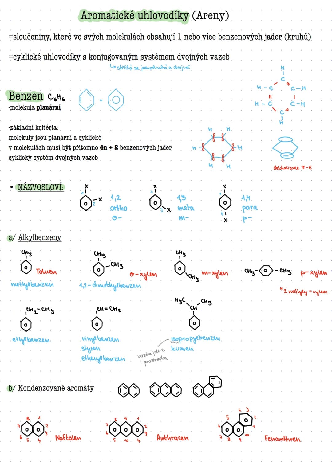 Aromatické uhlovodíky (Areny)
=sloučeniny, které ve svých molekulách obsahují 1 nebo více benzenových jader (kruhů).
=cyklické uhlovodíky s