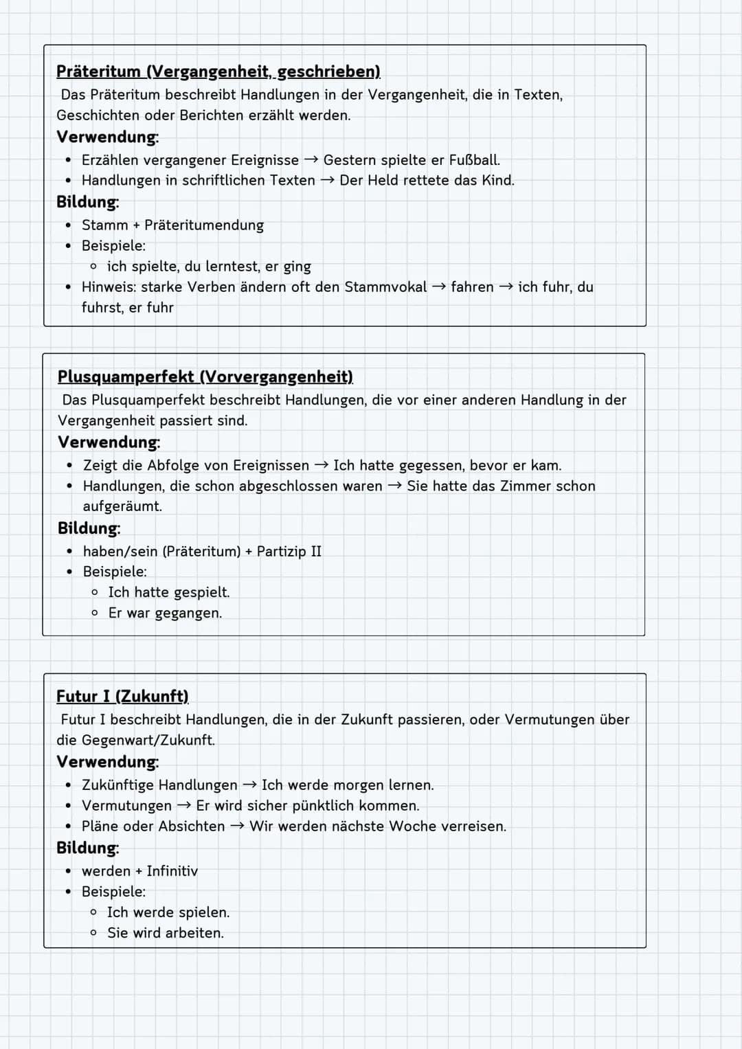 ## Deutsche Grammatik Zusammenfassung INHALTSVERZEICHNIS
Verben
• Allgemeines
• Zeitformen
■ Präsens
■ Perfekt
■ Präteritum
■ Plusquamperfek