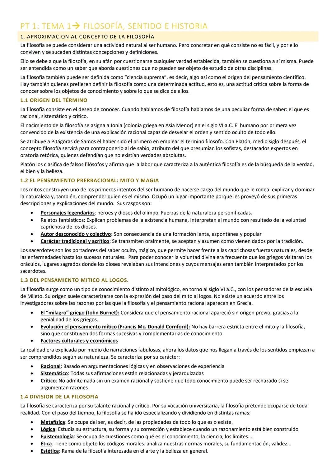 # PT 1: TEMA 1 FILOSOFÍA, SENTIDO E HISTORIA
1. APROXIMACION AL CONCEPTO DE LA FILOSOFÍA
La filosofía se puede considerar una actividad na