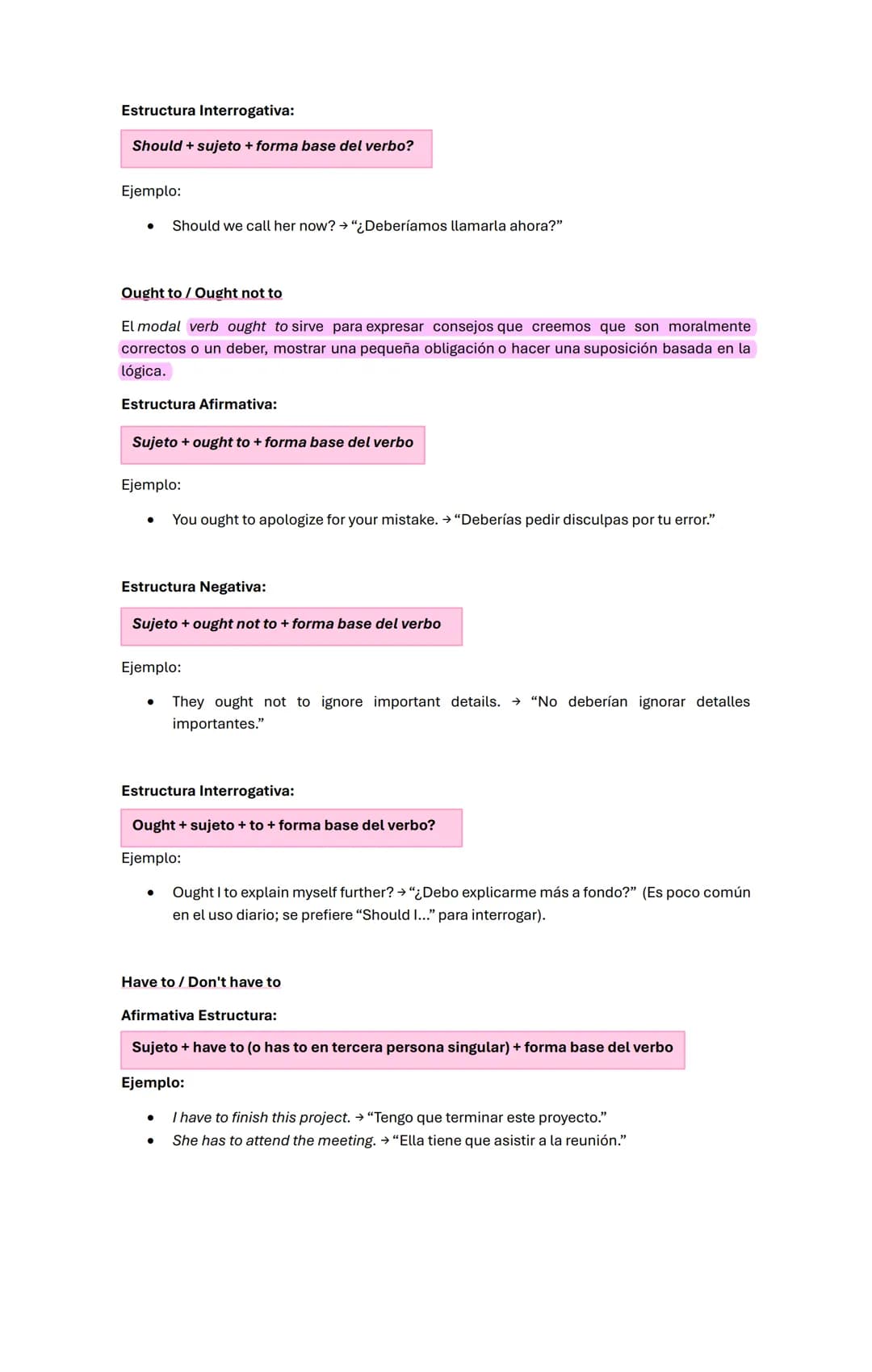 Modal verbs
Must/Mustn't:
El verbo modal must se utiliza para hablar de acciones en el presente o en el futuro.
Estructura Afirmativa:
Suj