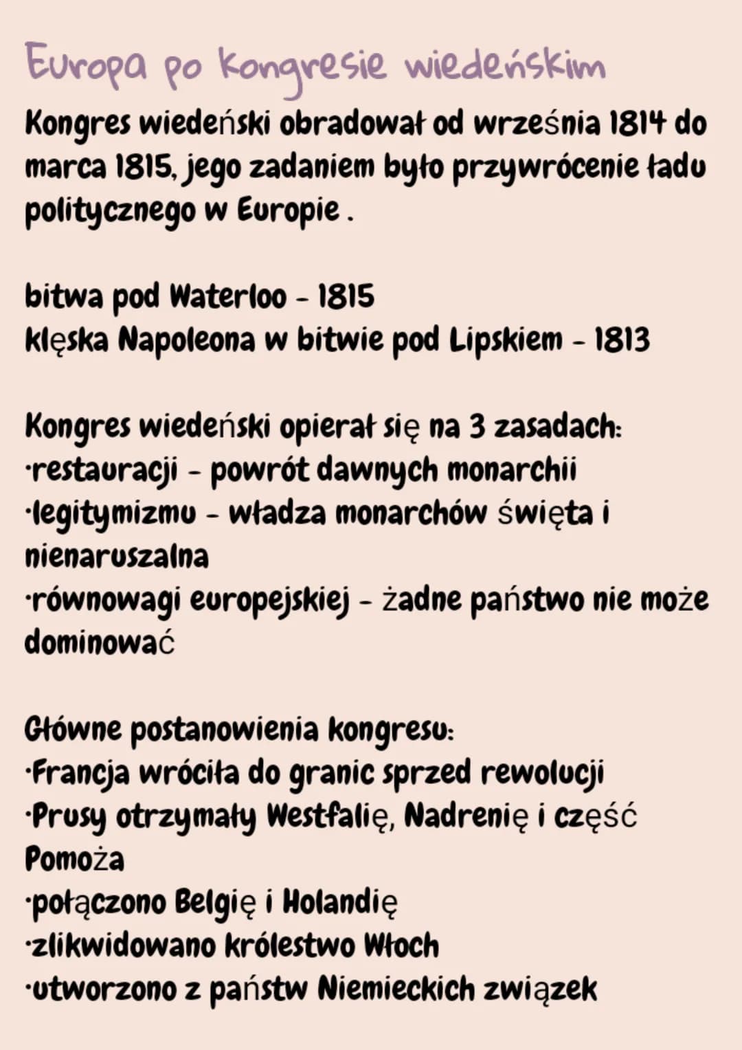 # Europa po kongresie wiedeńskim
Kongres wiedeński obradował od września 1814 do
marca 1815, jego zadaniem było przywrócenie ładu
polityczn