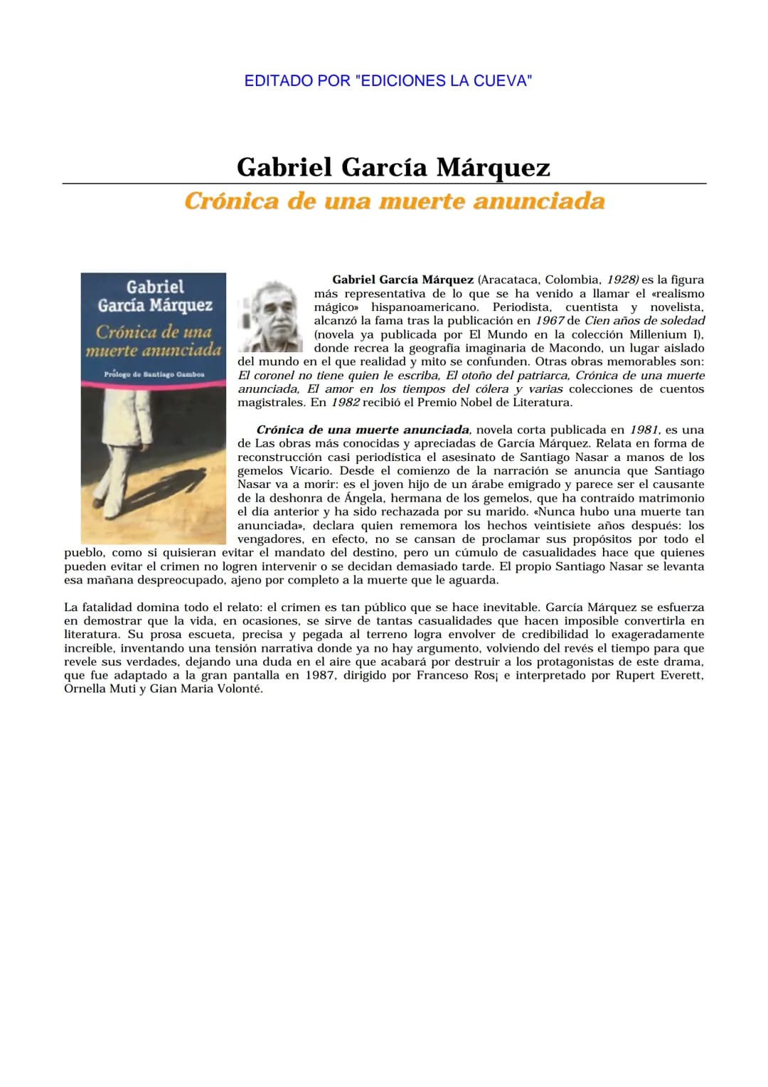 # Tematika.com
# Gabriel García Márquez
Crónica de una muerte anunciada
CONTEMPORÁNEA
DEBOLSILLO # EDITADO POR "EDICIONES LA CUEVA"
#