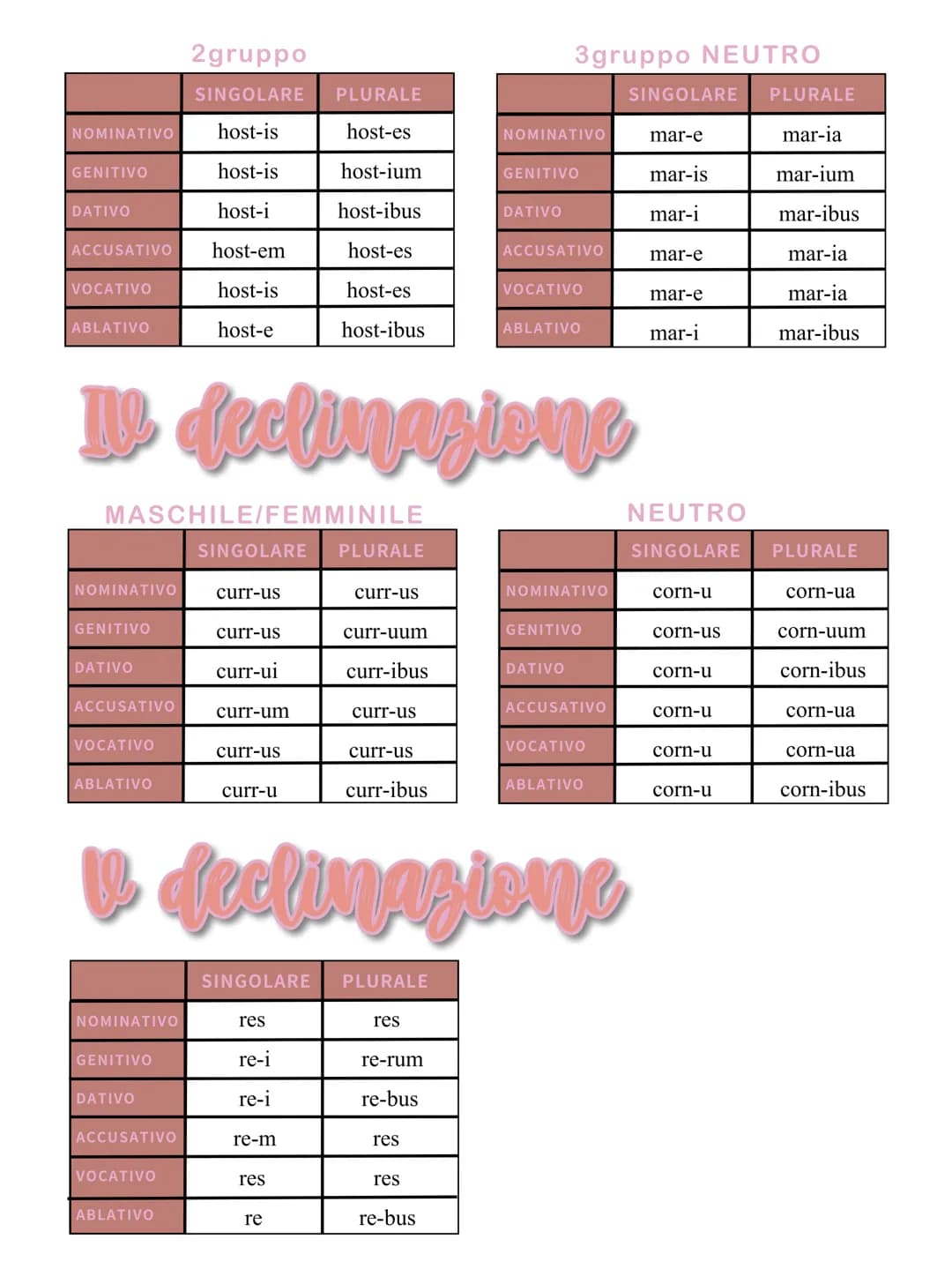 # I declinazione
| | SINGOLARE | PLURALE |
| :---------- | :-------- | :------ |
| NOMINATIVO | ros-a | ros-ae |
| GENITI