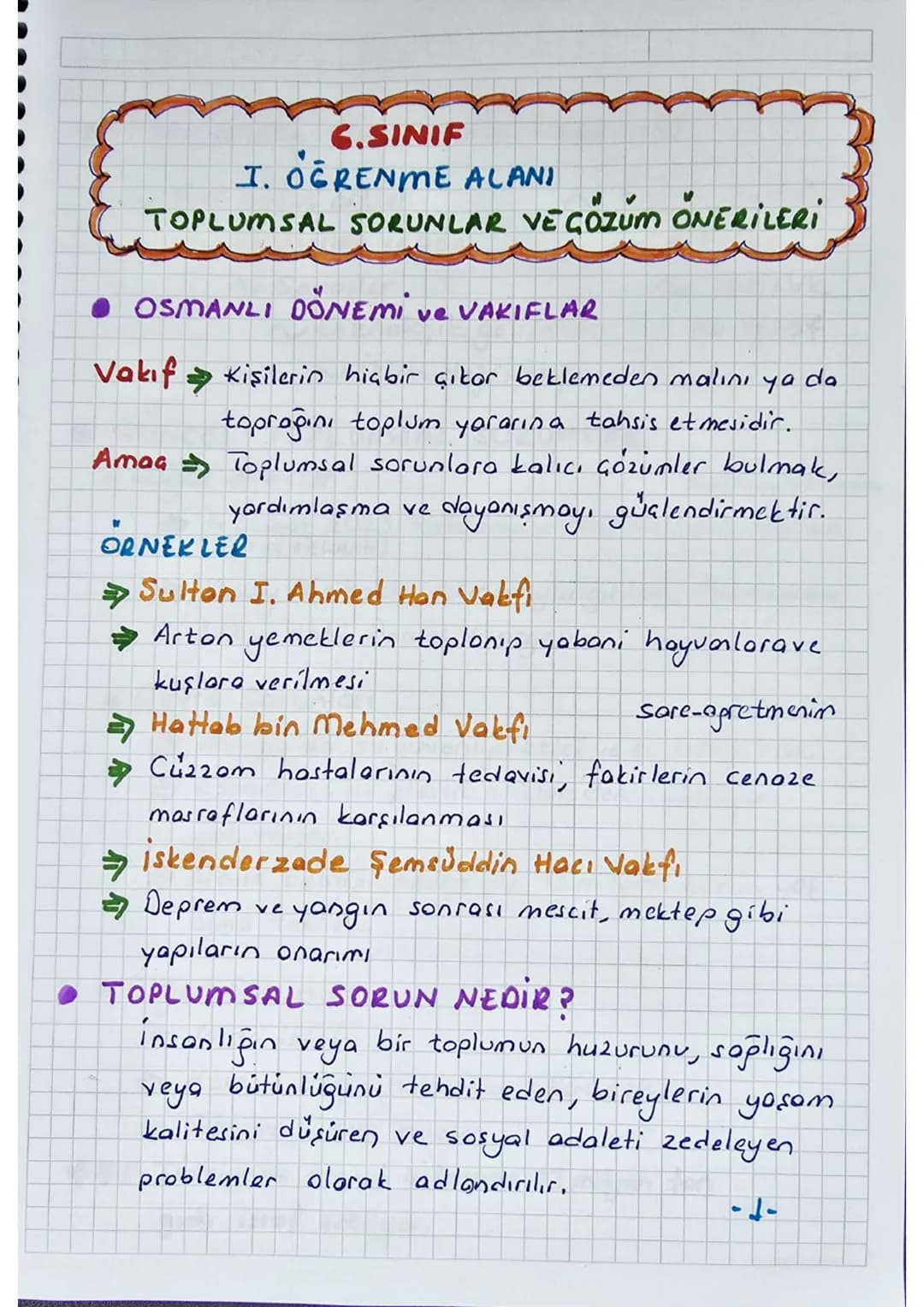 6.SINIF
I. ÖĞRENME ALANI
TOPLUMSAL SORUNLAR VE ÇÖZÜM ÖNERİLERİ
• OSMANLI DÖNEMİ ve VAKIFLAR
Vakıf Kişilerin hiçbir çıtor beklemeden malını y