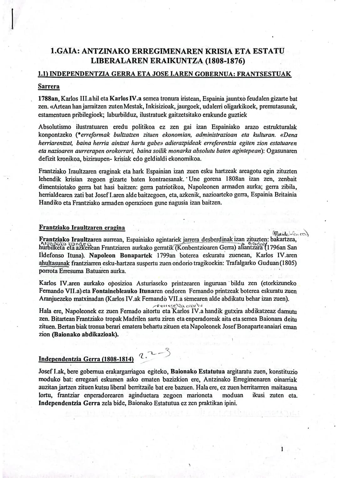 # 1.GAIA: ANTZINAKO ERREGIMENAREN KRISIA ETA ESTATU
LIBERALAREN ERAIKUNTZA (1808-1876)
# 1.1) INDEPENDENTZIA GERRA ETA JOSE IAREN GOBERNUA: