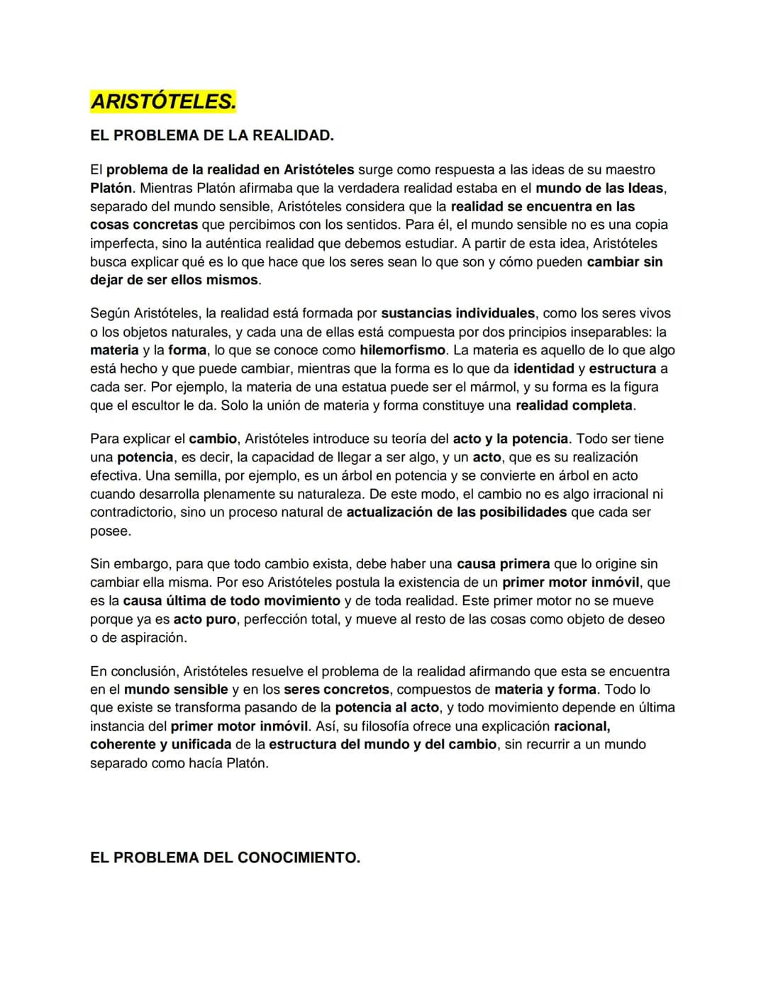 # ARISTÓTELES.
EL PROBLEMA DE LA REALIDAD.
El problema de la realidad en Aristóteles surge como respuesta a las ideas de su maestro
Platón