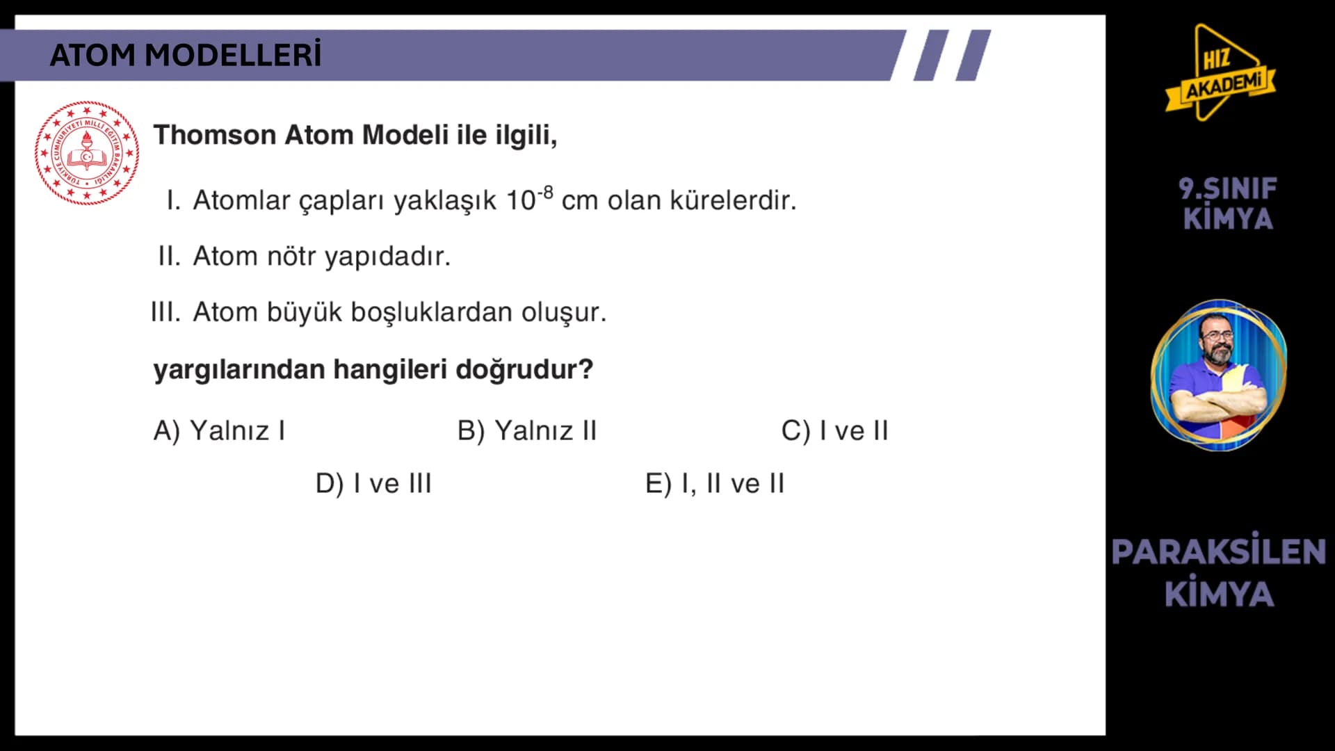 # 1. TEMA
1.2.1
ATOM
TEORİLERİ
VE ATOMUN
YAPISI
9.SINIF
KİMYA
PARAKSİLEN
KİMYA # BU KONUDAN ÇÖZECEĞİMİZ SORU SAYISI
# 72
# 9.SINIF KİMY