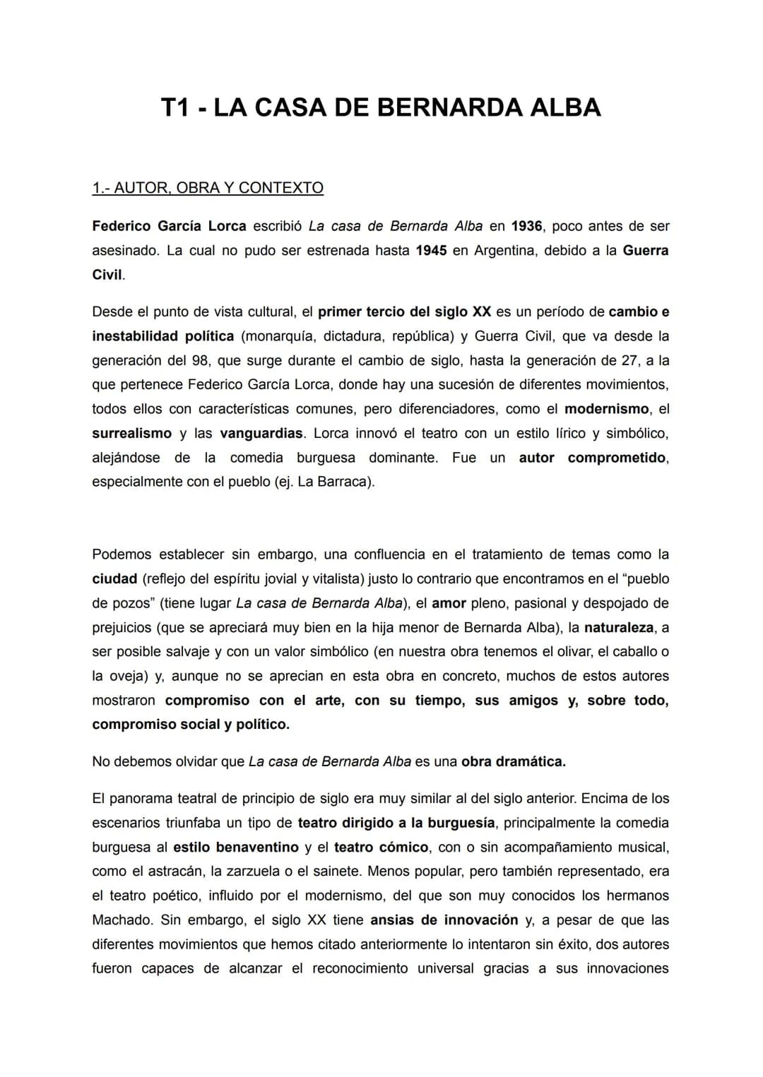 # T1-LA CASA DE BERNARDA ALBA
1.- AUTOR, OBRA Y CONTEXTO
Federico García Lorca escribió La casa de Bernarda Alba en 1936, poco antes de se