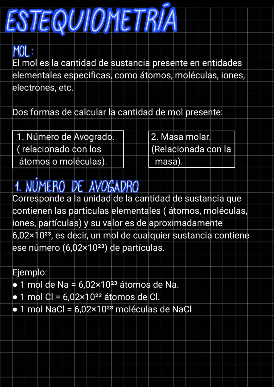 # ESTEQUIOMETRÍA
MOL:
El mol es la cantidad de sustancia presente en entidades
elementales especificas, como átomos, moléculas, iones,
ele