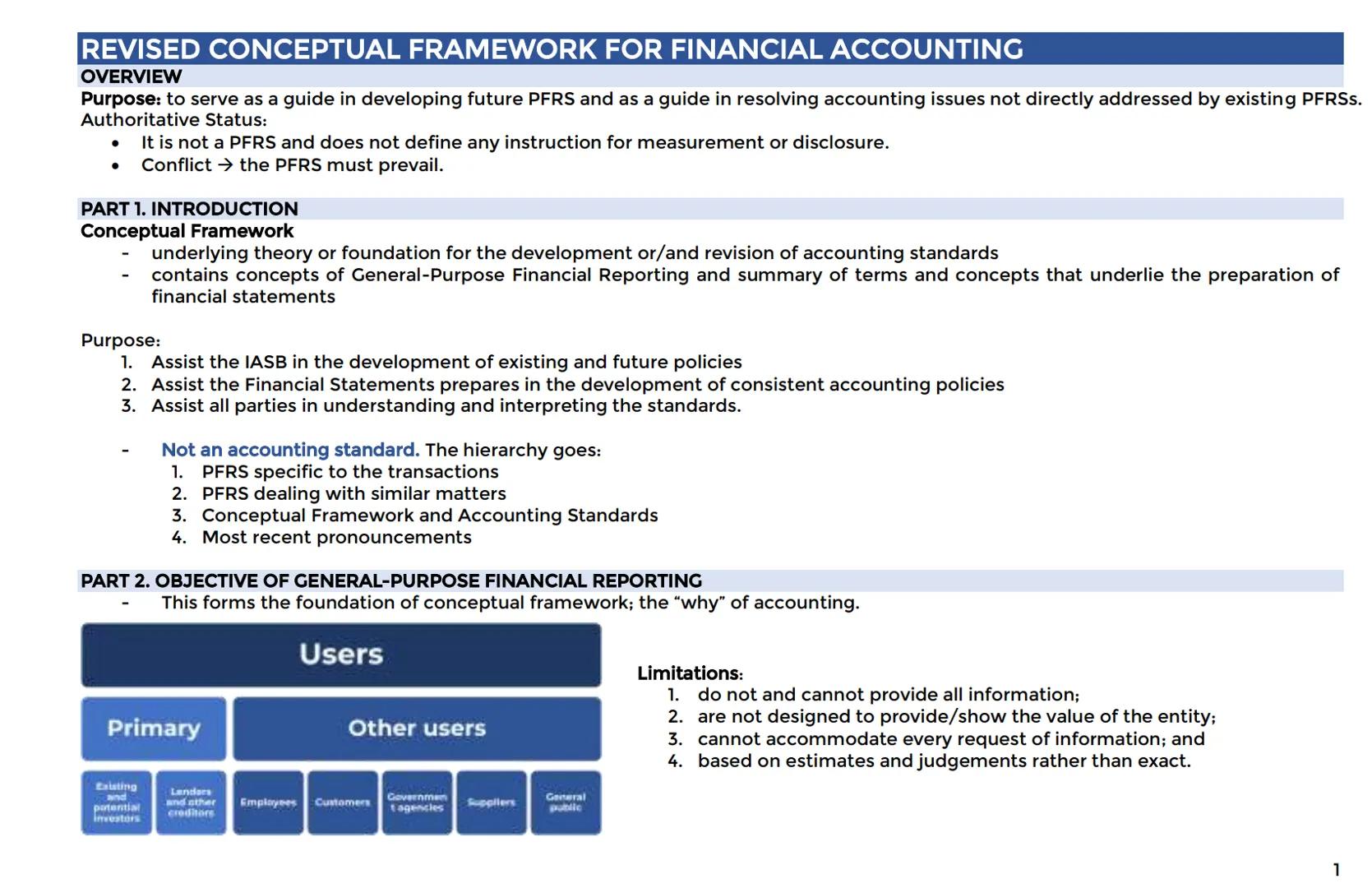 # REVISED CONCEPTUAL FRAMEWORK FOR FINANCIAL ACCOUNTING
OVERVIEW
Purpose: to serve as a guide in developing future PFRS and as a guide in r