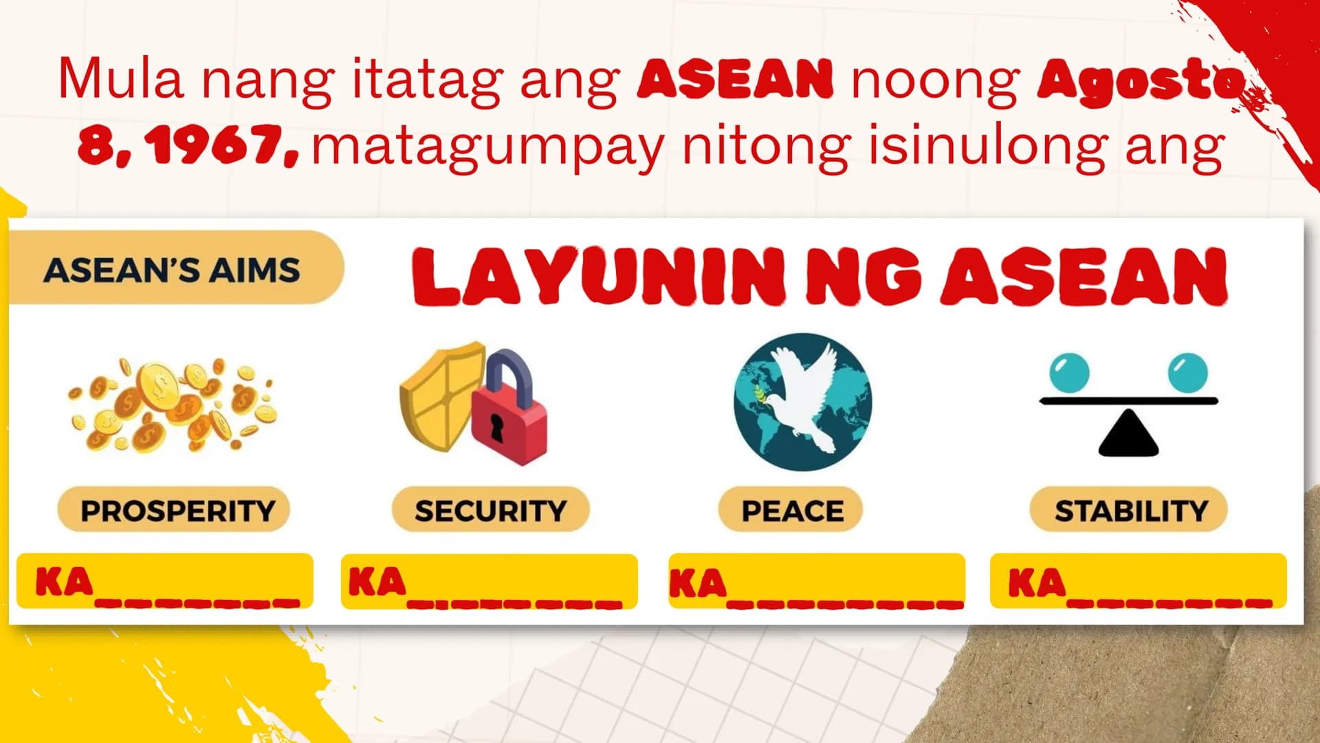 DepED
MATATAG
BAGONG PILIPINAS
*
ZOPFAN
ASEAN CONCORD
AFTA
SEANWFZ ASEAN VISION
TAGUMPAY
ng ASEAN
sa Pagkamit ng Kaunlaran
at Kapayapaan sa