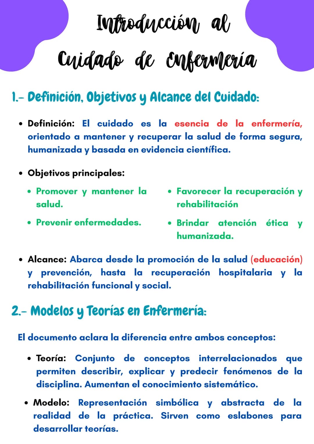 Introducción al
Cuidado de enfermeria
1.- Definición, Objetivos y Alcance del Cuidado:
• Definición: El cuidado es la esencia de la enferm