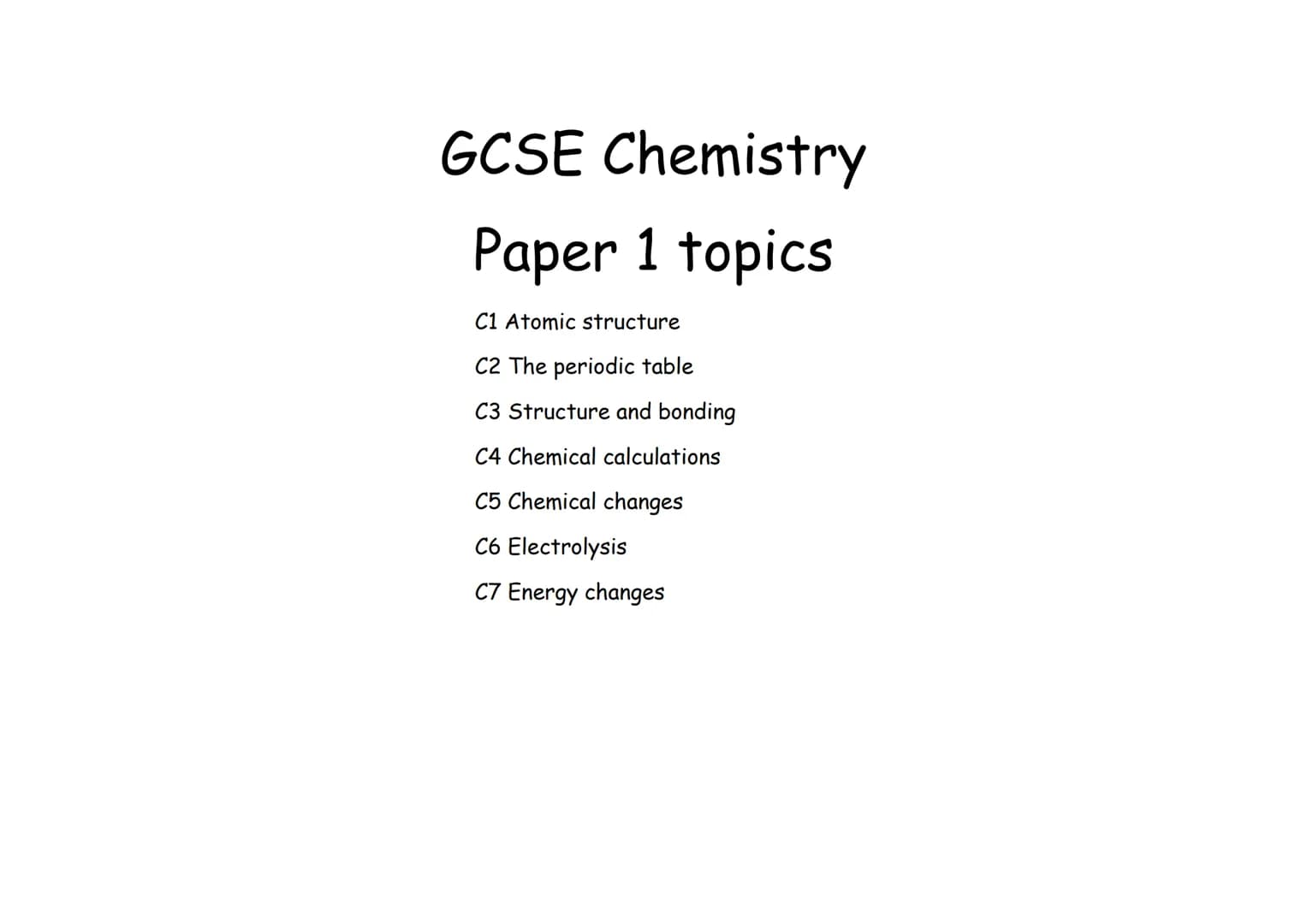 GCSE Chemistry
Paper 1 topics
C1 Atomic structure
C2 The periodic table
C3 Structure and bonding
C4 Chemical calculations
C5 Chemical change