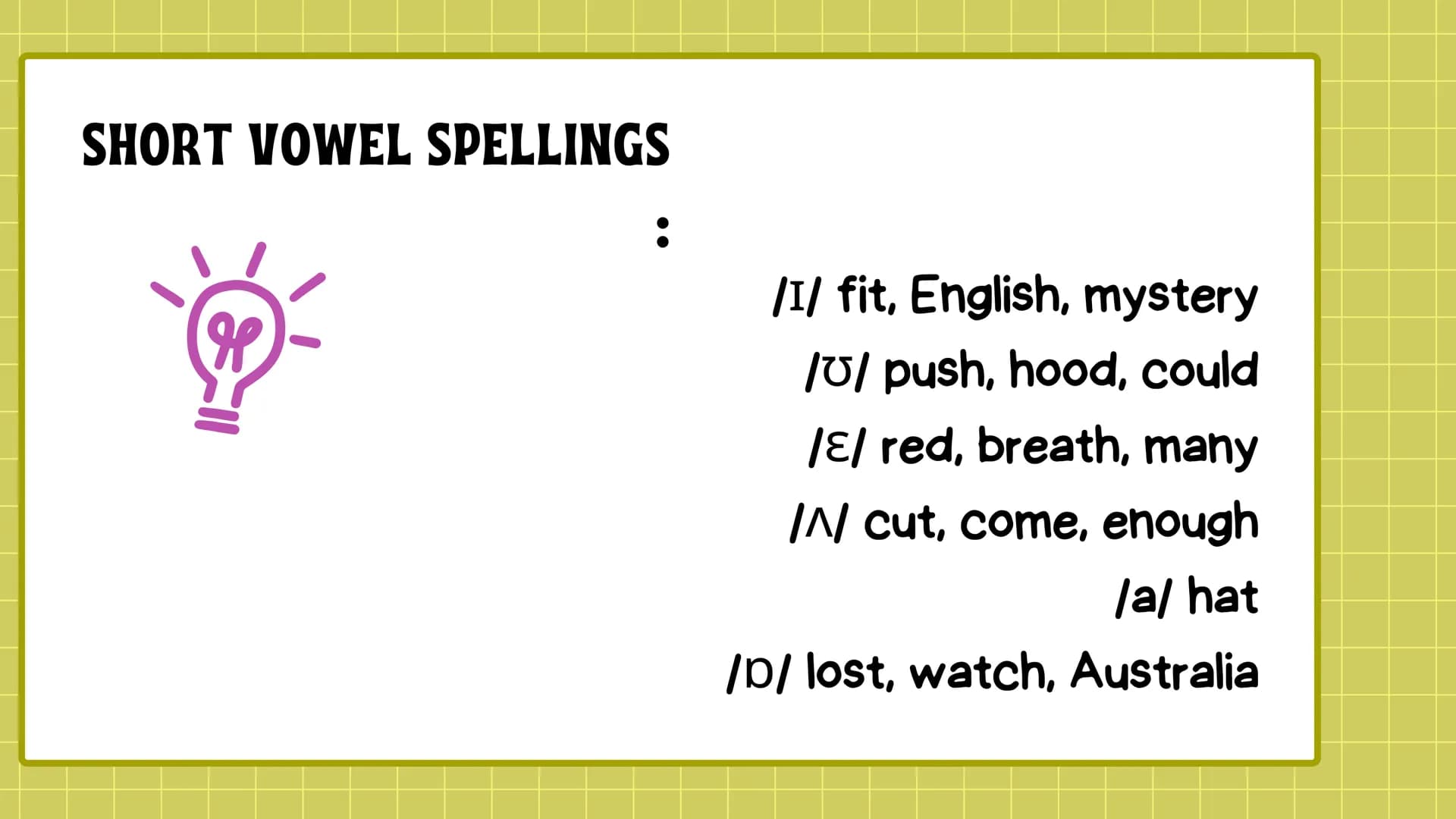 # SHORT VOWELS
Vowels in Spanish have only one form of
production, a graphic one, and the same
articulators are always produced. In English,