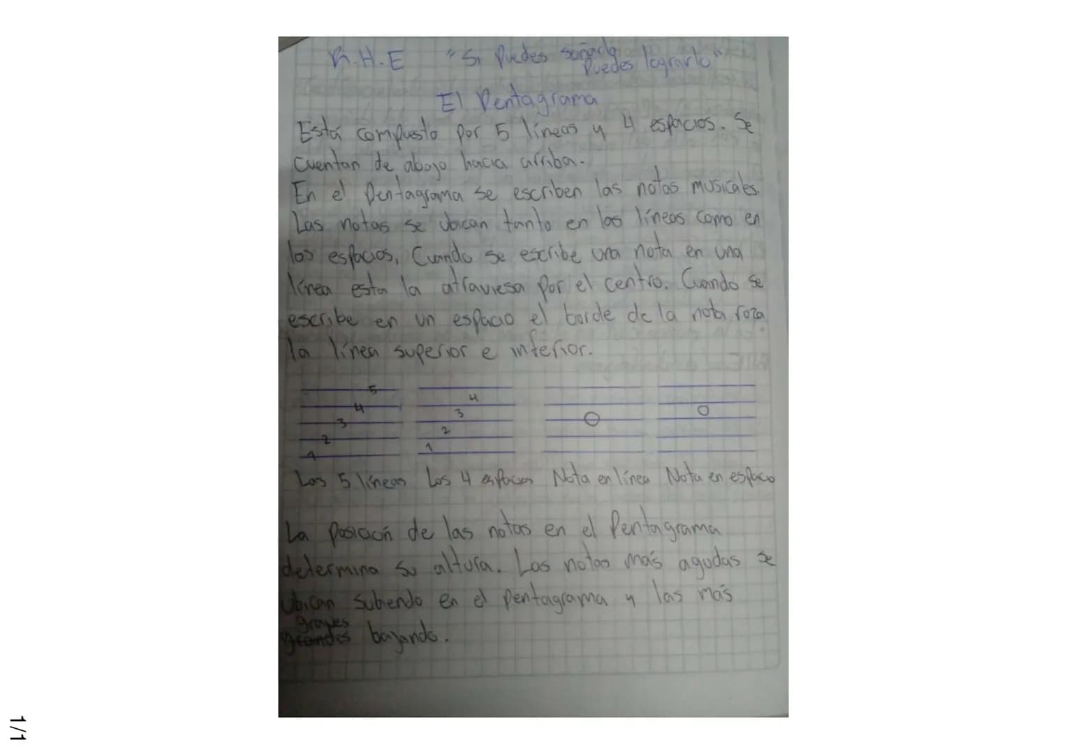 R.H.E
"Si Puedes soñarlo Puedes lograrlo"
# El Pentagrama
Está compuesto por 5 líneas y 4 espacios. Se Cuentan de abajo hacia arriba.
En e