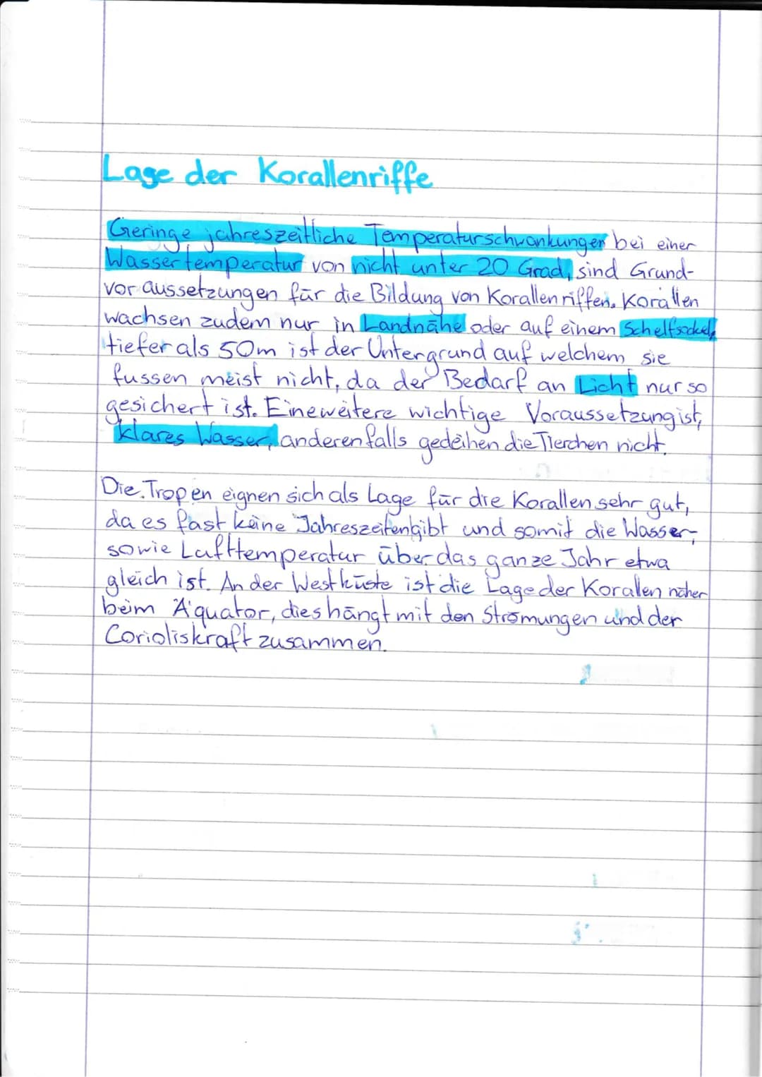 # Korallenriffe
## Definition
Riff: Erhebung vom Meeresboden in Richtung Oberfläche
Bildung: Sand oder Felsen oder Korallen (Korallenriff)