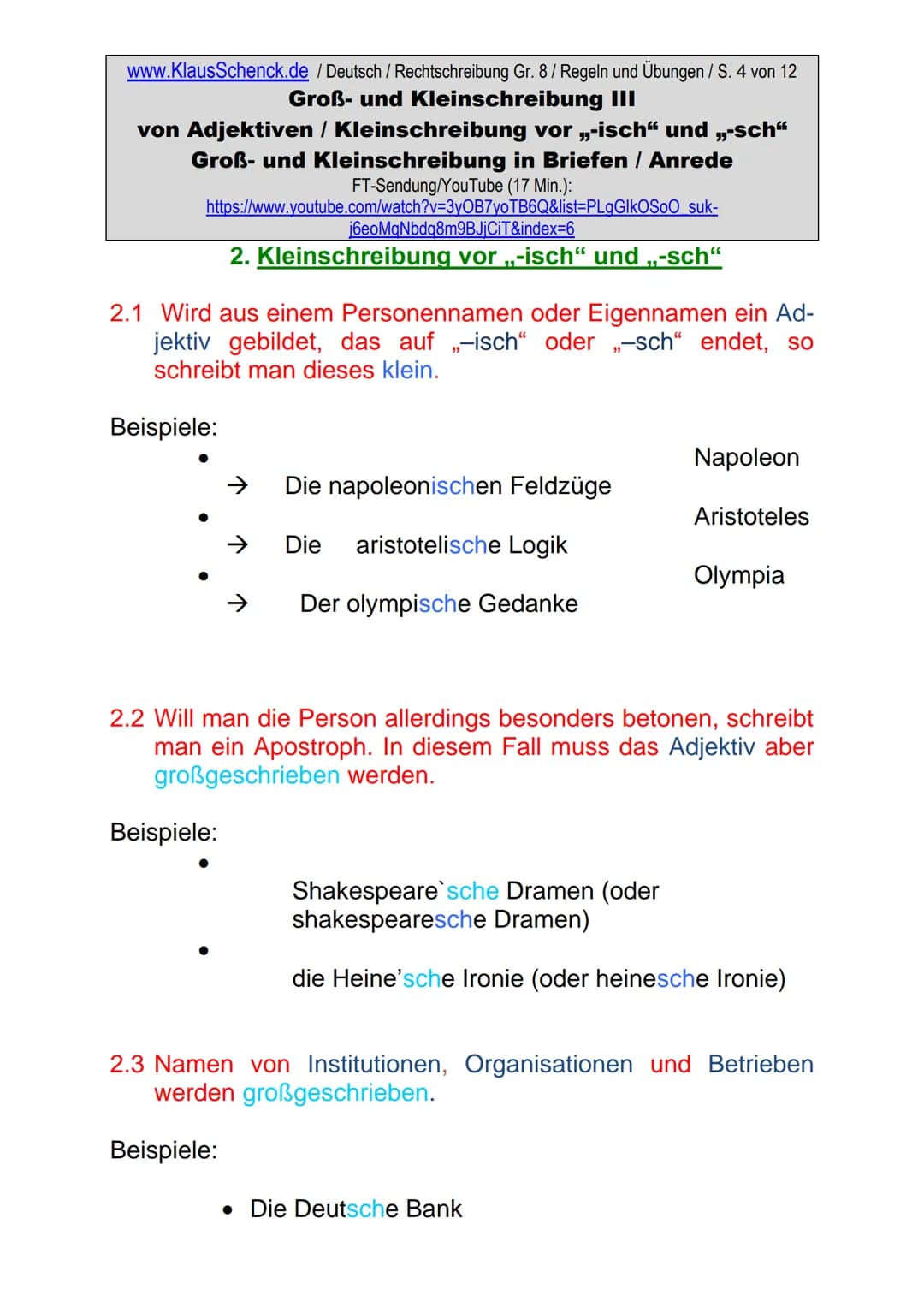 www.KlausSchenck.de / Deutsch / Rechtschreibung Gr. 8/ Regeln und Übungen / S. 1 von 12
# Groß- und Kleinschreibung III
von Adjektiven / Kle