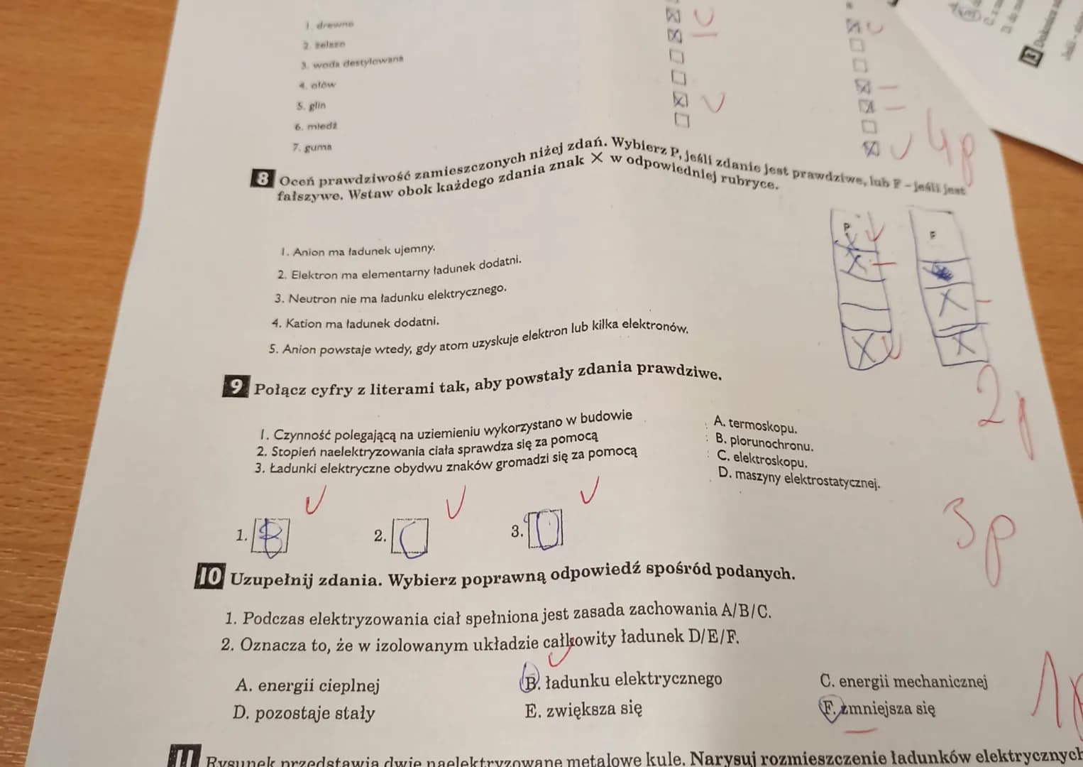 1. drewno
2. żelazo
3. woda destylowana
4. ołów
5. glin
6. miedź
7. guma
8. Oceń prawdziwość zamieszczonych niżej zdań. Wybierz P, jeśli zda