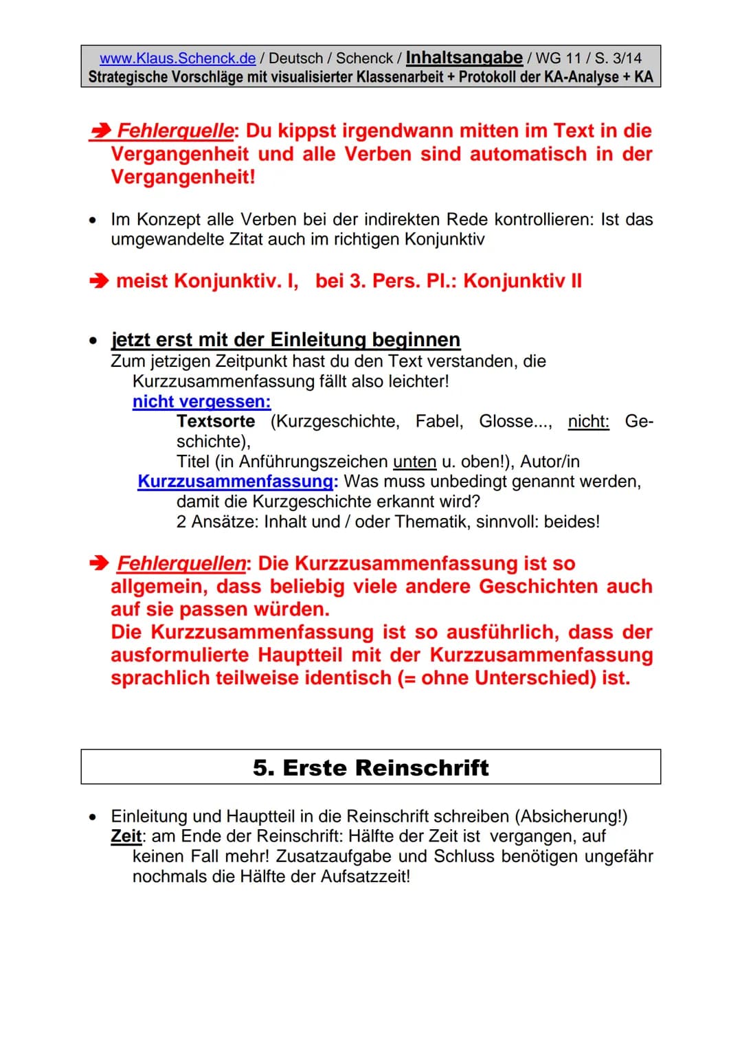 www.Klaus.Schenck.de / Deutsch / Schenck / Inhaltsangabe/WG 11/S. 1/14
Strategische Vorschläge mit visualisierter Klassenarbeit + Protokoll