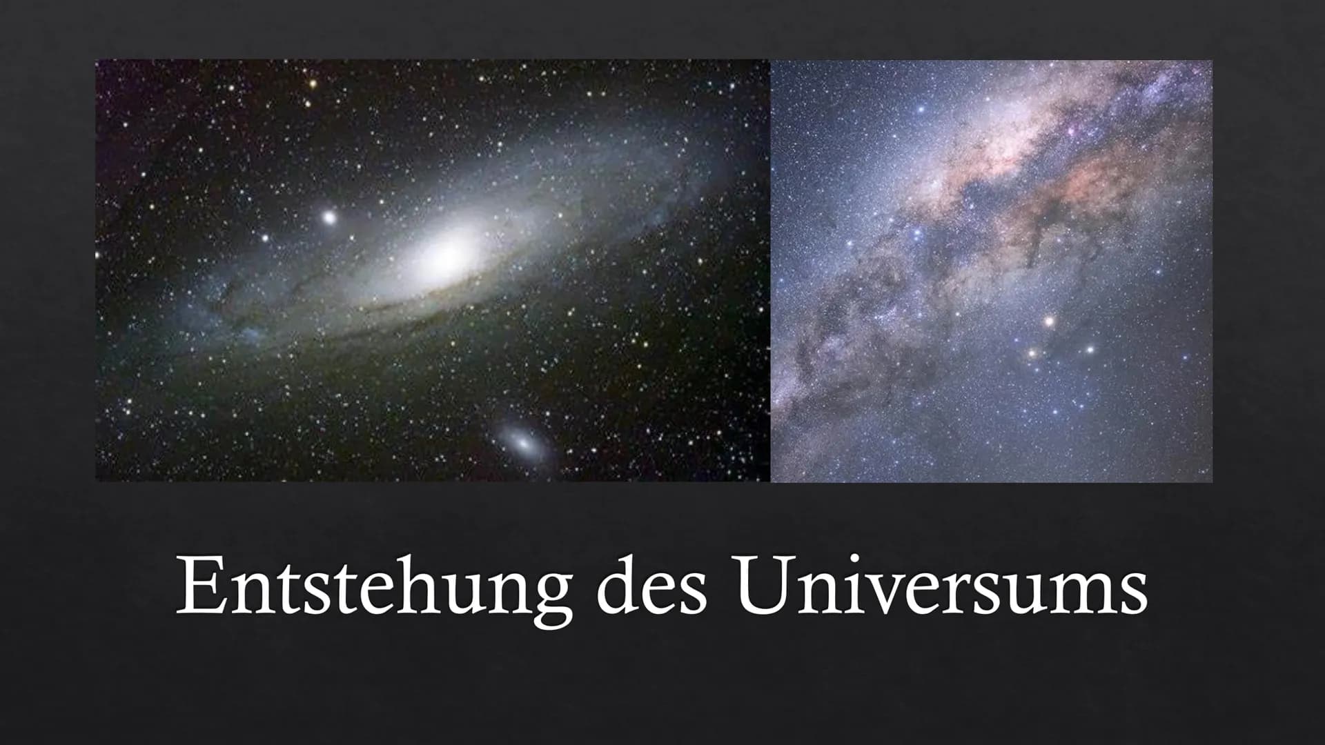 Entstehung des Universums # Gliederung
* 1. Die Urknalltheorie
* 2. Inflationstheorie
* 3. Weshalb sind die Theorien noch so jung?
* 4. Kosm