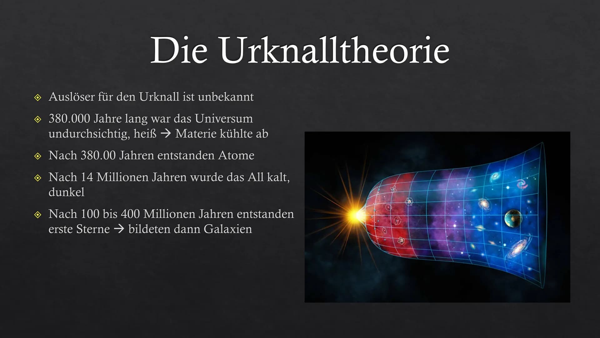 Entstehung des Universums # Gliederung
* 1. Die Urknalltheorie
* 2. Inflationstheorie
* 3. Weshalb sind die Theorien noch so jung?
* 4. Kosm