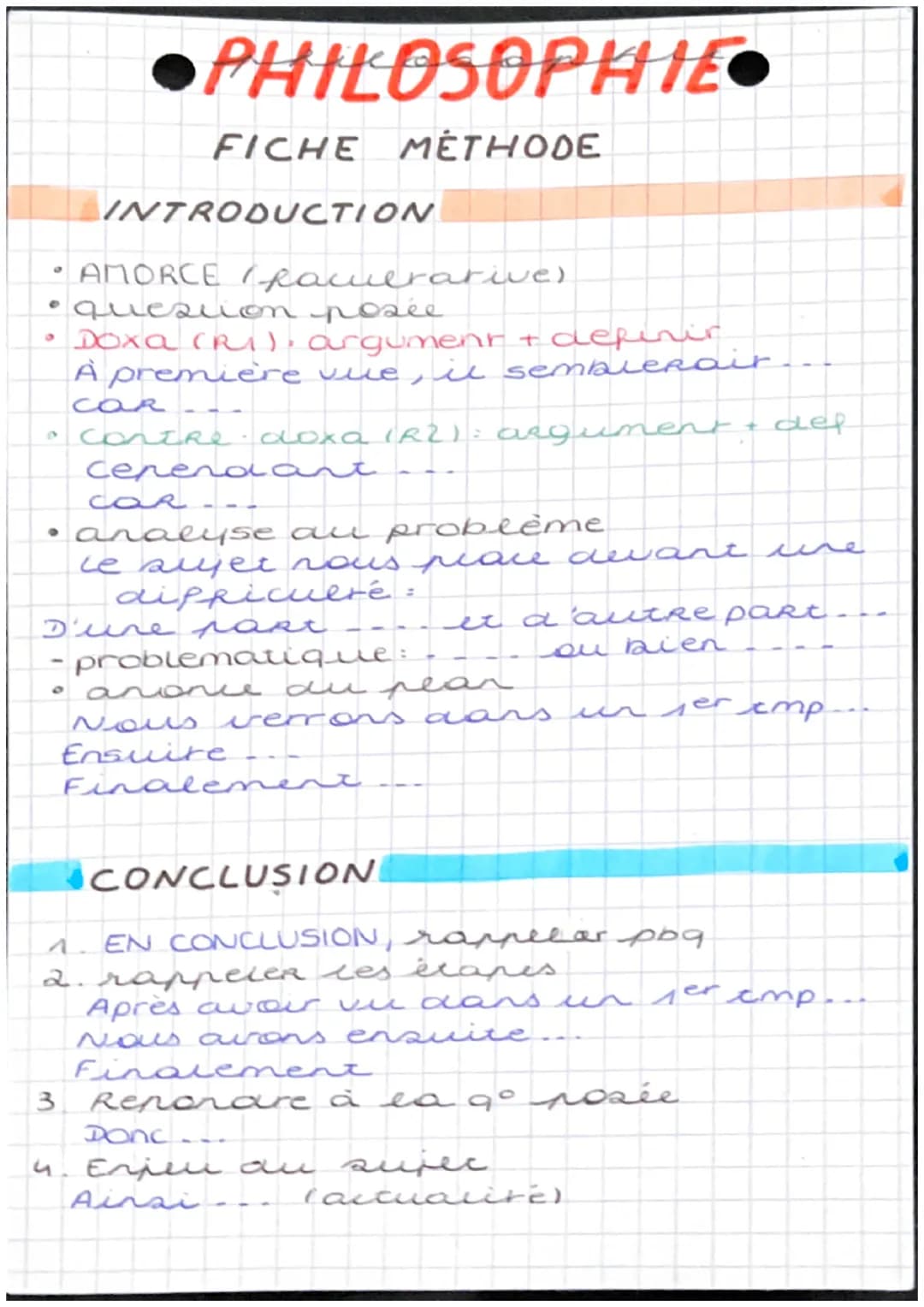# PHILOSOPHIE
FICHE MÉTHODE
INTRODUCTION
* AMORCE facuerative)
* quesion posee
* Doxa (RI). argument + definir
A première vue, il
