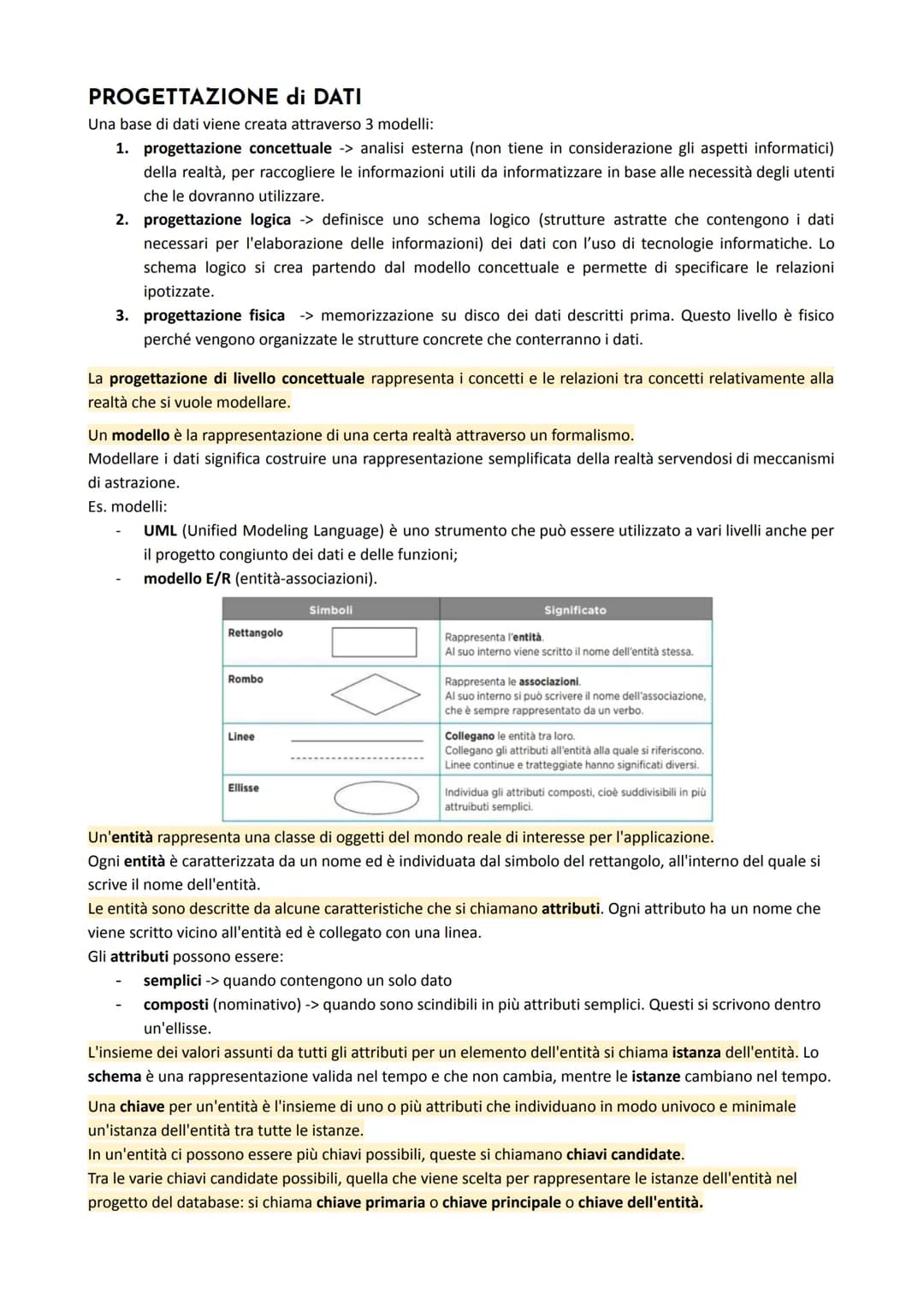 # PROGETTAZIONE di DATI
Una base di dati viene creata attraverso 3 modelli:
1. progettazione concettuale -> analisi esterna (non tiene in