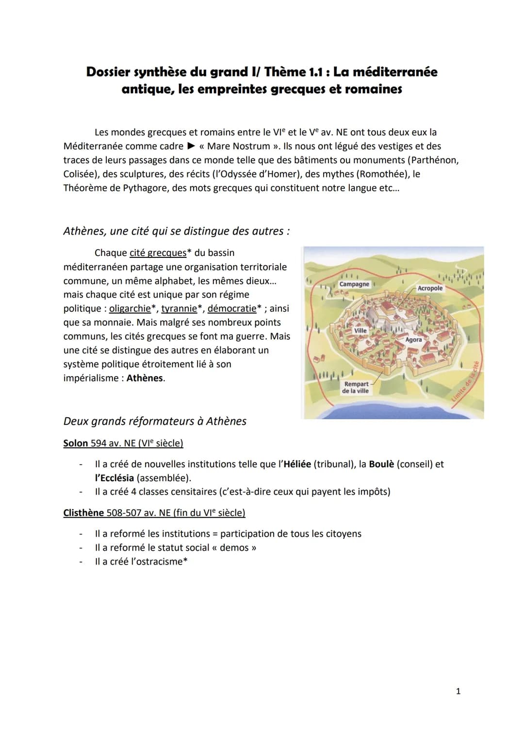 # Dossier synthèse du grand I/ Thème 1.1: La méditerranée
antique, les empreintes grecques et romaines
Les mondes grecques et romains entre
