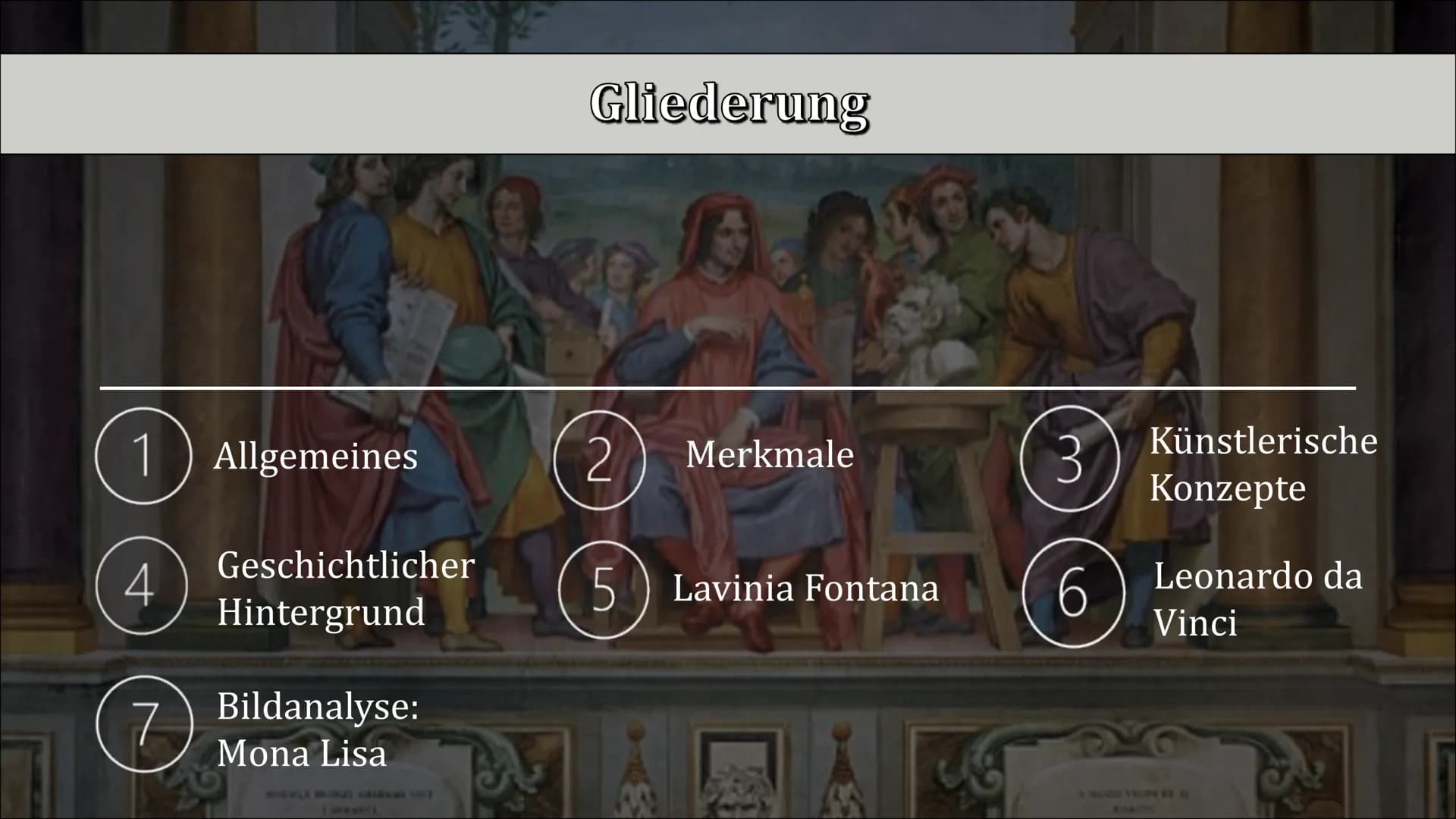 # DIE RENAISSANCE
EINE EPOCHE DER WIEDERGEBURT Gliederung
1) Allgemeines
2 Merkmale
3 Künstlerische
Konzepte
Geschichtlicher
4
5 Lavini