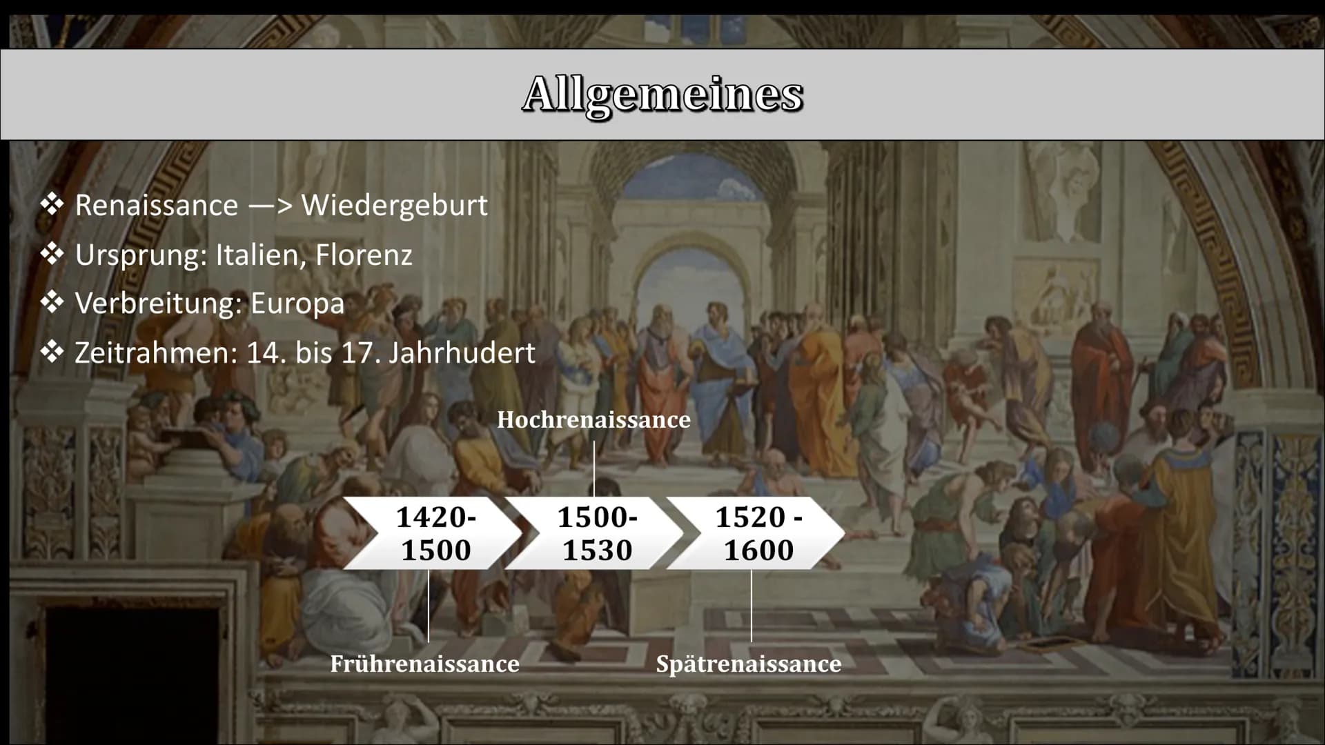 # DIE RENAISSANCE
EINE EPOCHE DER WIEDERGEBURT Gliederung
1) Allgemeines
2 Merkmale
3 Künstlerische
Konzepte
Geschichtlicher
4
5 Lavini