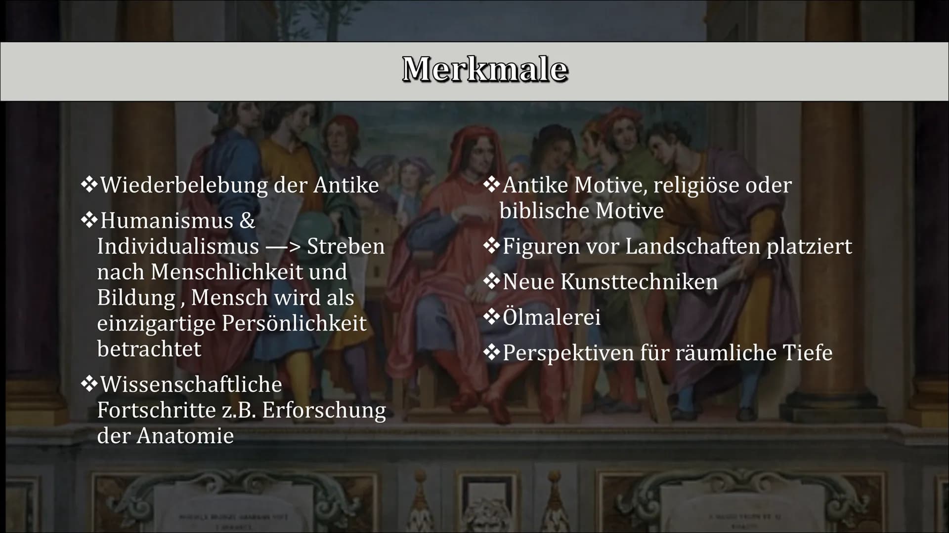 # DIE RENAISSANCE
EINE EPOCHE DER WIEDERGEBURT Gliederung
1) Allgemeines
2 Merkmale
3 Künstlerische
Konzepte
Geschichtlicher
4
5 Lavini