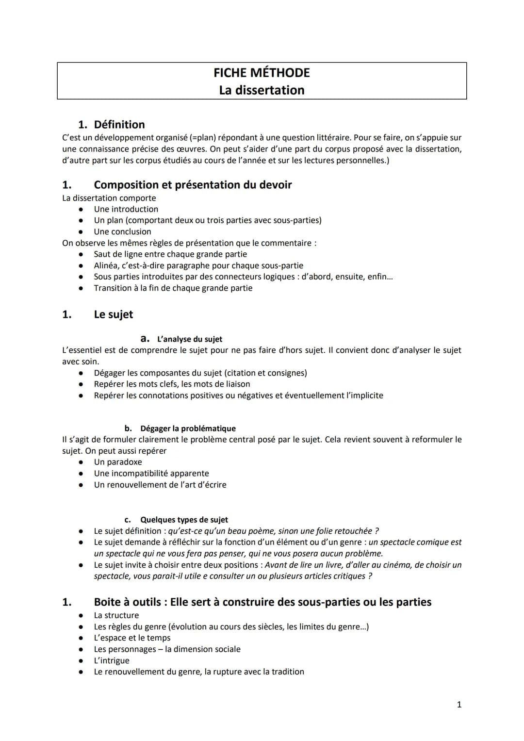 # FICHE MÉTHODE
La dissertation
1. Définition
C'est un développement organisé (=plan) répondant à une question littéraire. Pour se faire, o