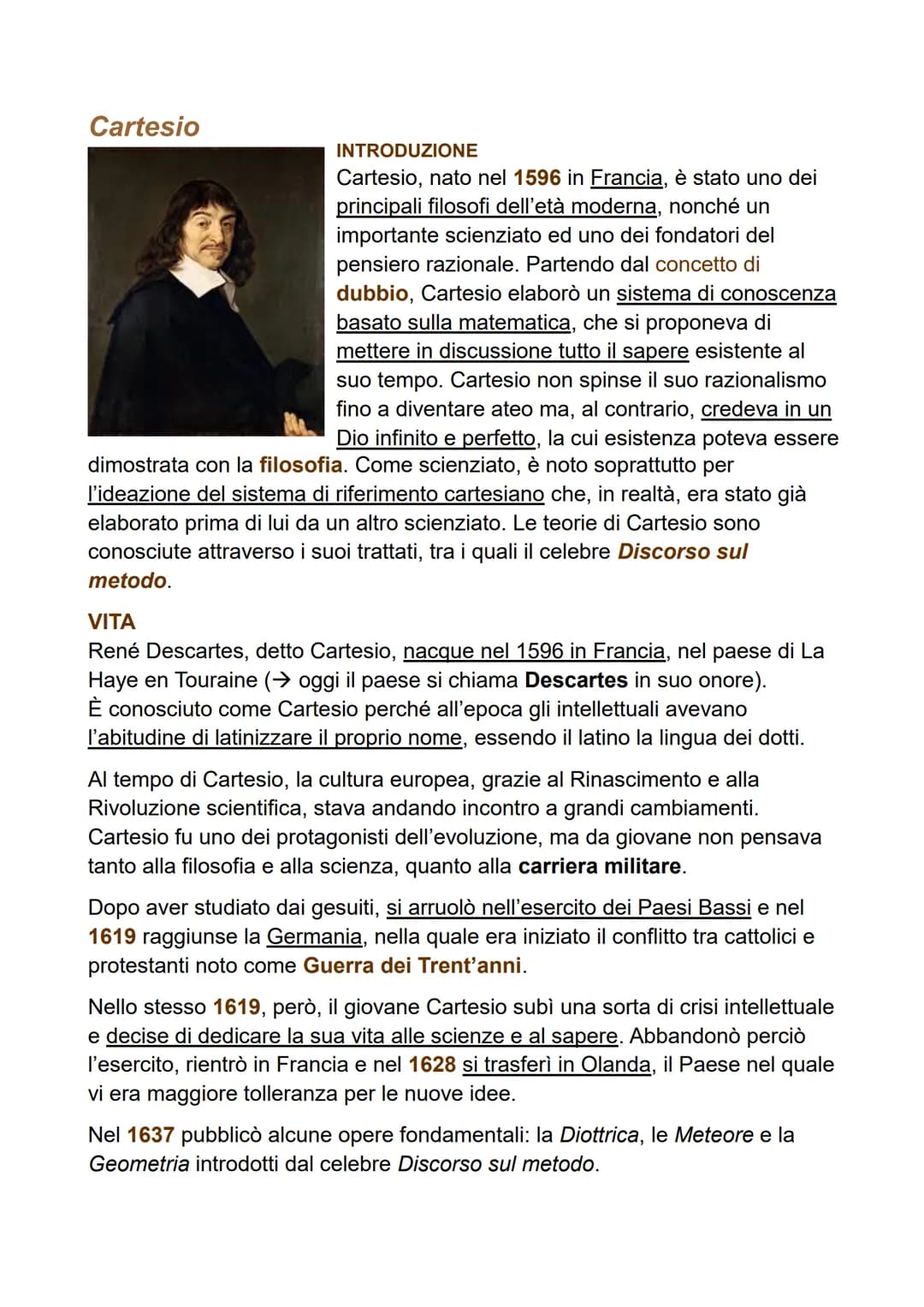 # Cartesio
INTRODUZIONE
Cartesio, nato nel 1596 in Francia, è stato uno dei
principali filosofi dell'età moderna, nonché un
importante scie