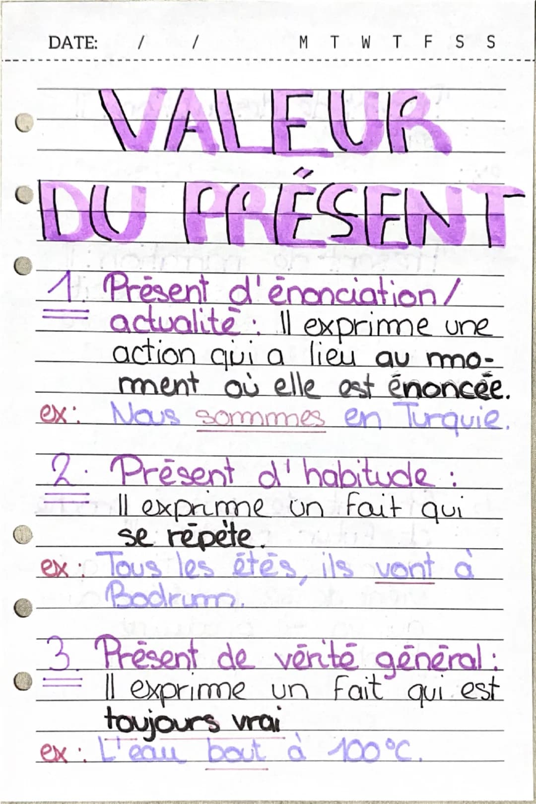DATE: / / M T W T F S S
• VALEUR
•DU FRÉSENT
1. Present d'énonciation/
=
actualite: Il exprime une
action qui a lieu au mo-
ment où elle e