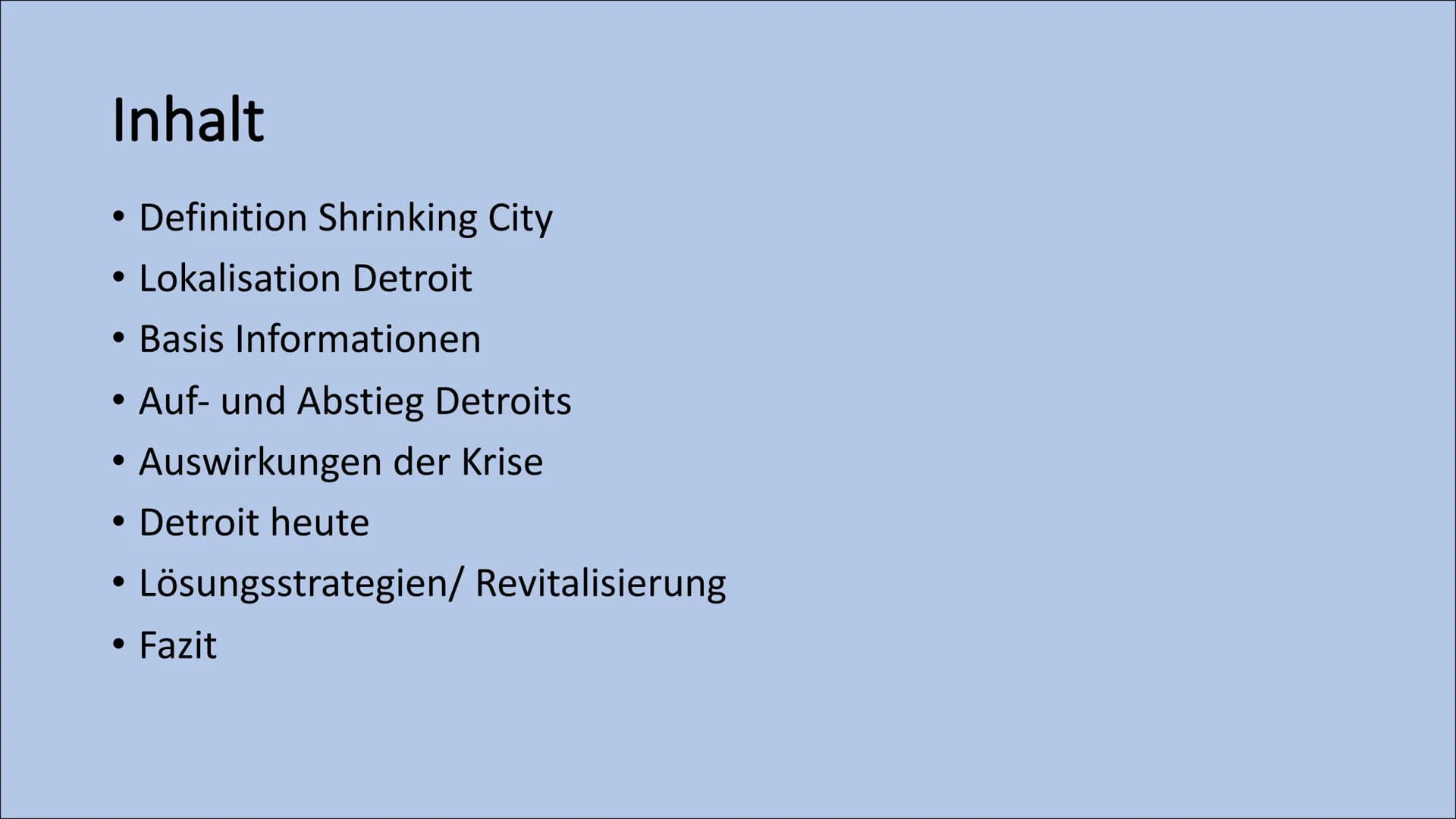 # Detroit
The shrinking citiy # Inhalt
* Definition Shrinking City
* Lokalisation Detroit
* Basis Informationen
* Auf- und Abstieg